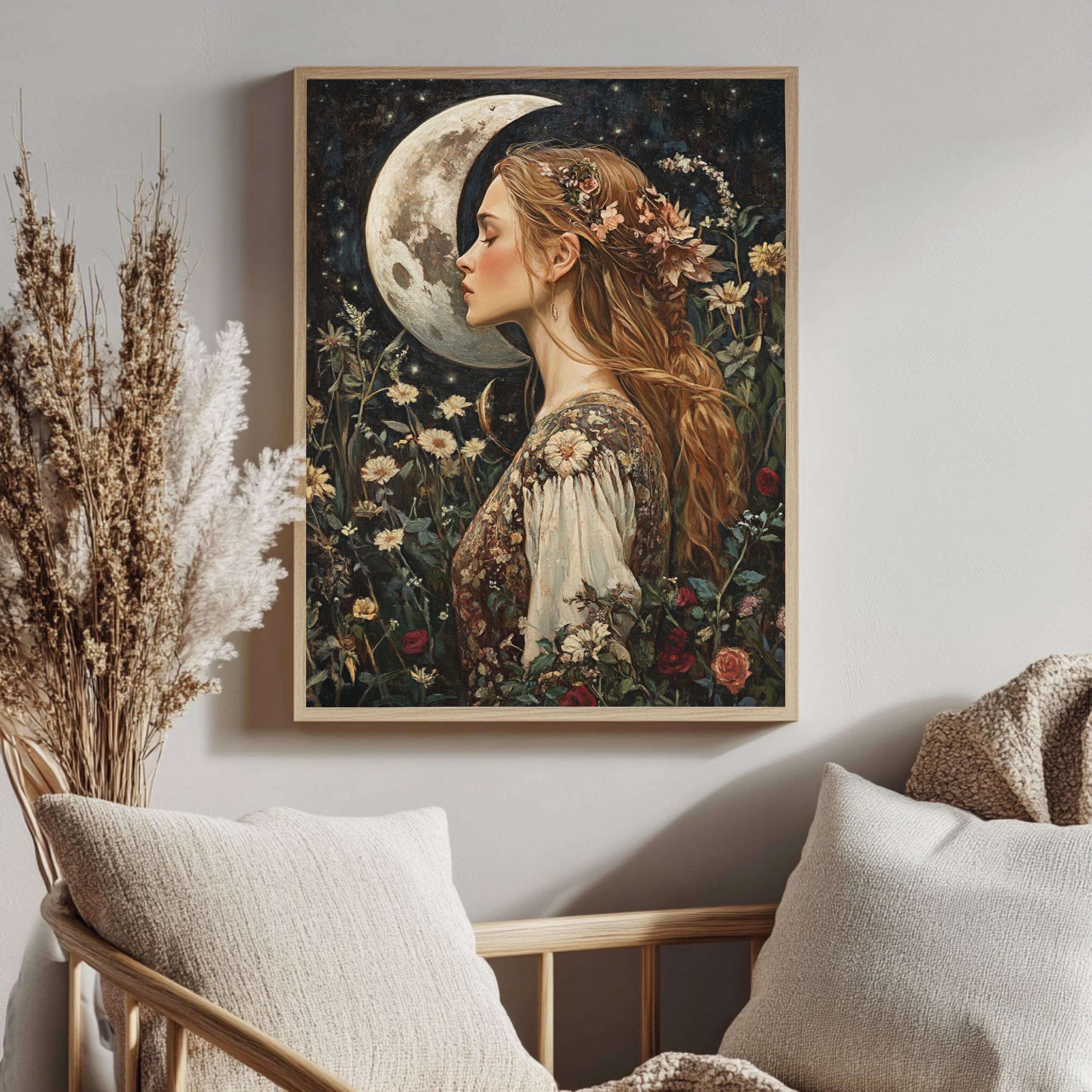 Moon Kiss Wall Art, William Morris Inspired Romantic Woman Canvas, Botanical Celestial Print, Wooden Framed Cottagecore Night Decor