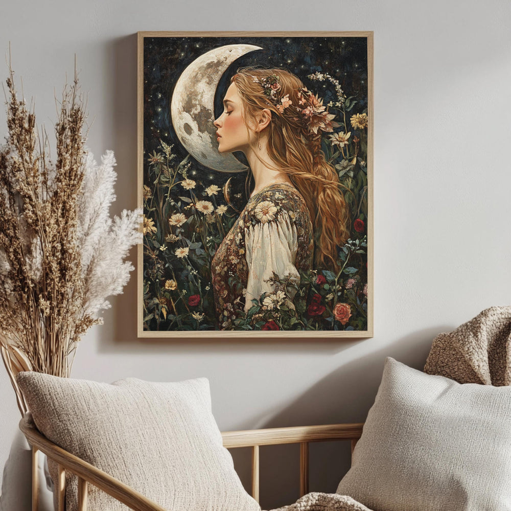 Moon Kiss Wall Art, William Morris Inspired Romantic Woman Canvas, Botanical Celestial Print, Wooden Framed Cottagecore Night Decor