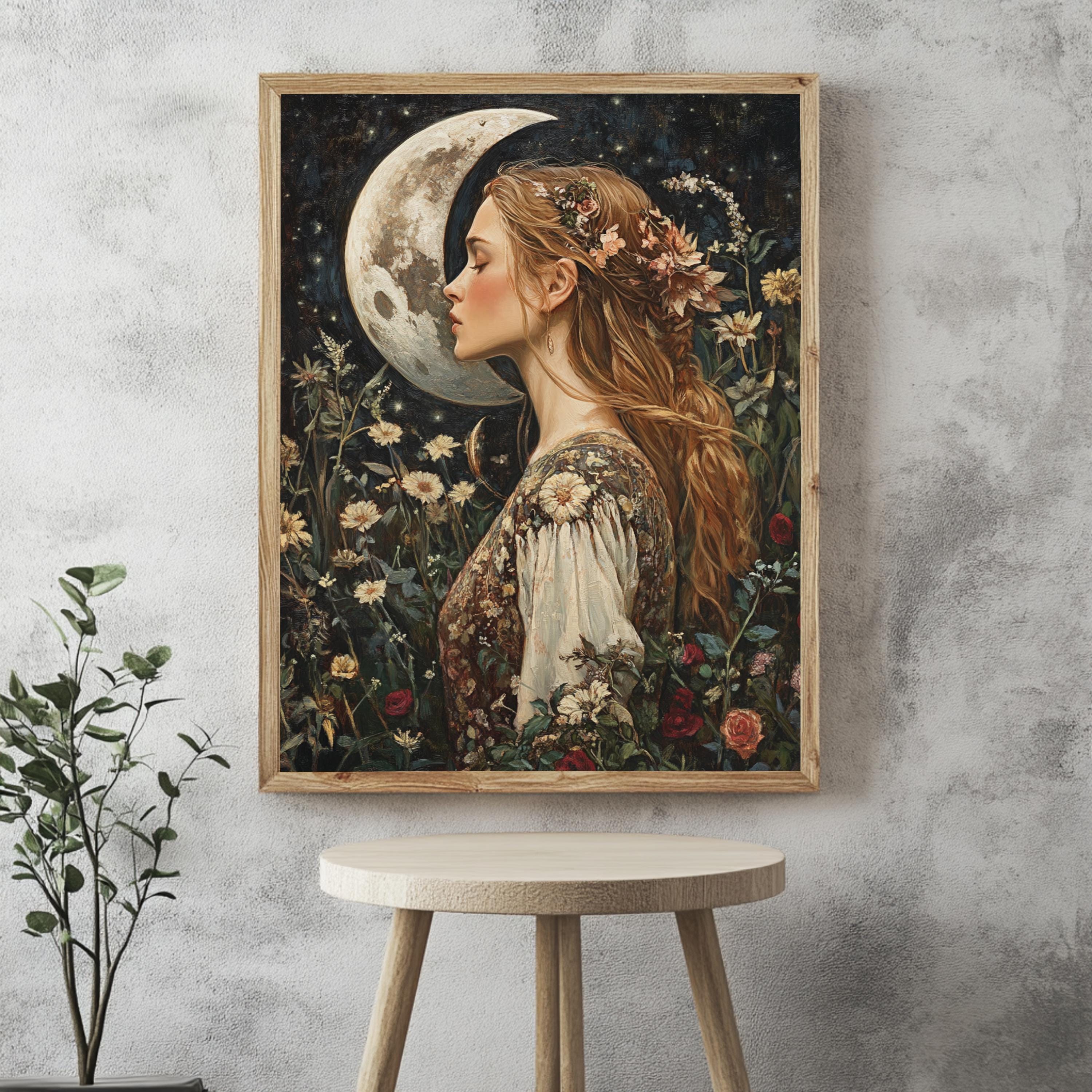 Moon Kiss Wall Art, William Morris Inspired Romantic Woman Canvas, Botanical Celestial Print, Wooden Framed Cottagecore Night Decor