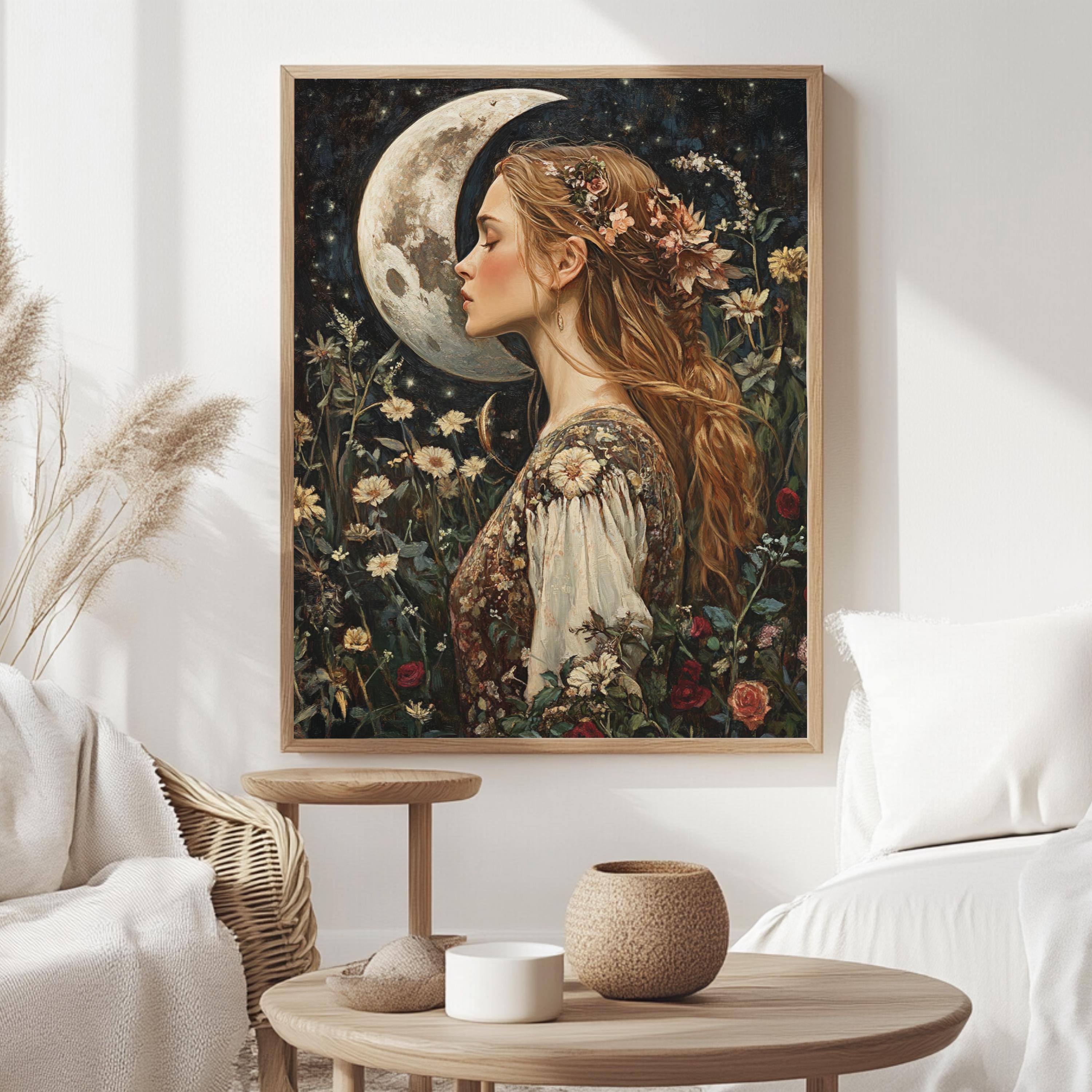 Moon Kiss Wall Art, William Morris Inspired Romantic Woman Canvas, Botanical Celestial Print, Wooden Framed Cottagecore Night Decor