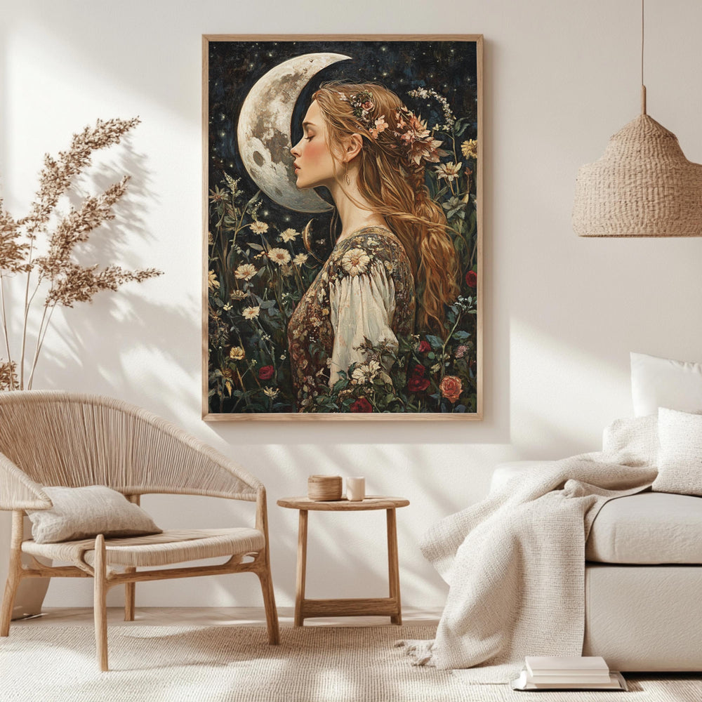 Moon Kiss Wall Art, William Morris Inspired Romantic Woman Canvas, Botanical Celestial Print, Wooden Framed Cottagecore Night Decor