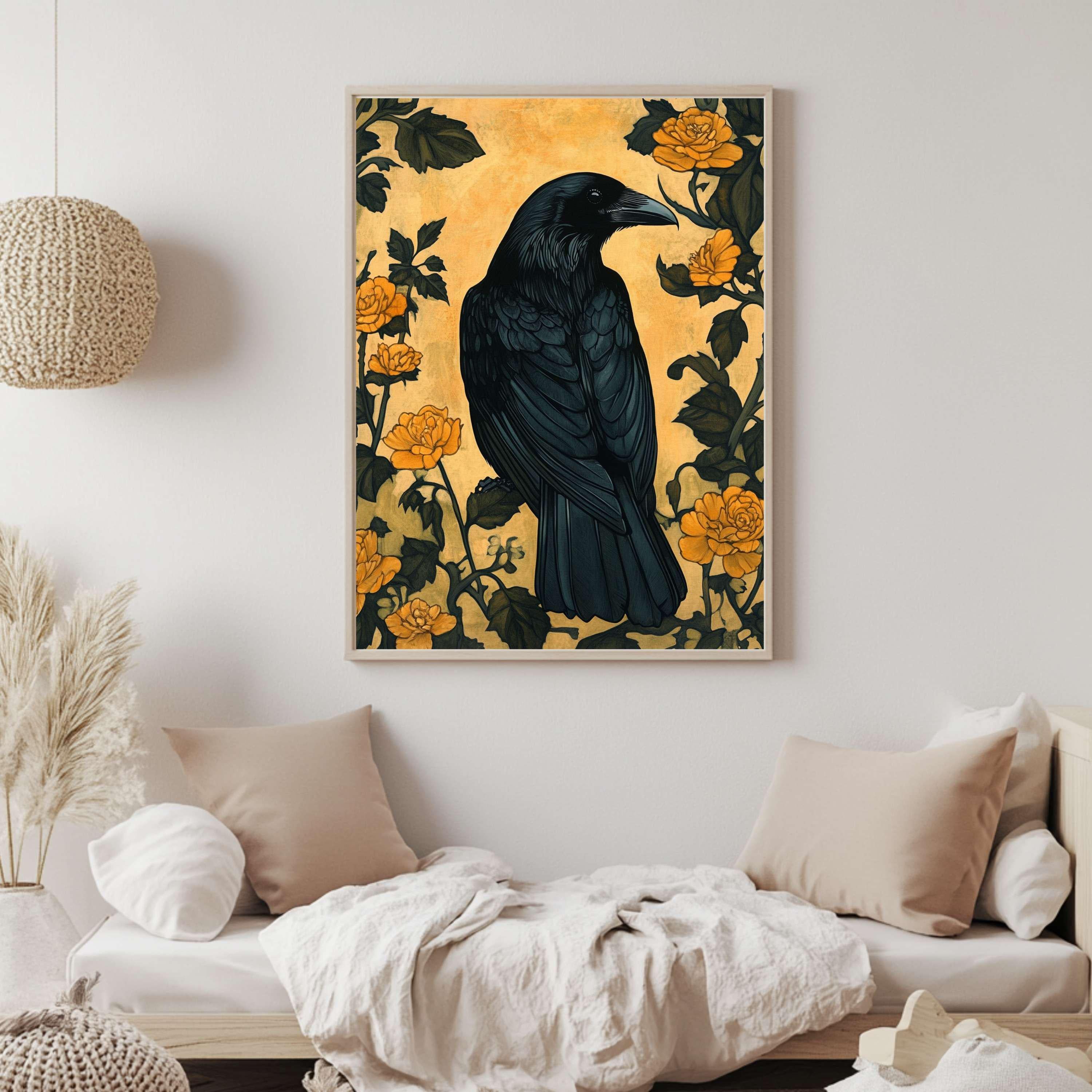 Black Raven William Morris Style Wooden Framed Canvas Art, Gothic Nature Wall Art, Dark Academia Home Decor, Nature Inspired Home Gallery