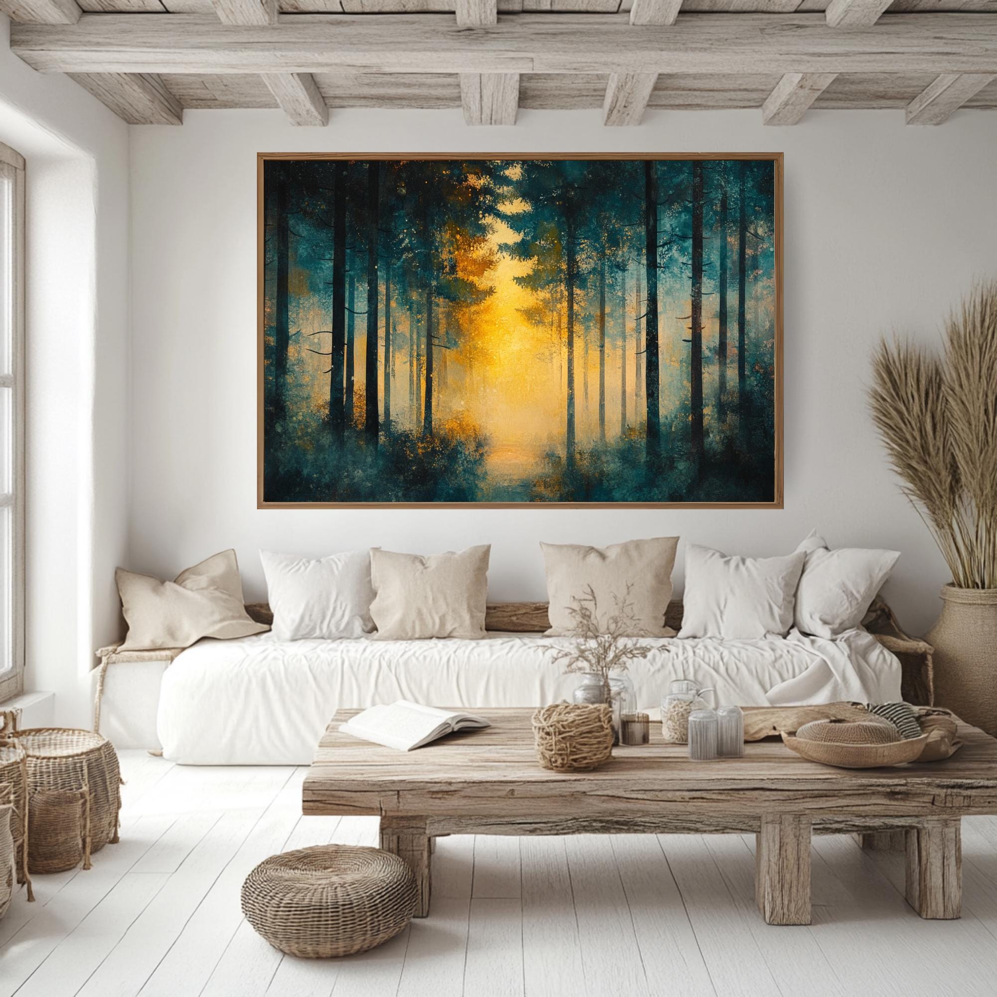 Golden Light Forest Wooden Framed Canvas, Abstract Pine Landscape Wall Art, Serene Nature Scene Print, Dreamy Moody Woodland Decor