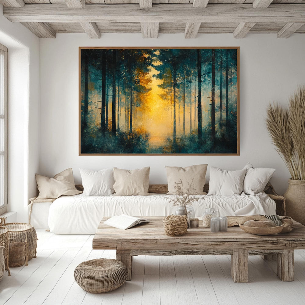 Golden Light Forest Wooden Framed Canvas, Abstract Pine Landscape Wall Art, Serene Nature Scene Print, Dreamy Moody Woodland Decor