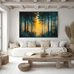Golden Light Forest Wooden Framed Canvas, Abstract Pine Landscape Wall Art, Serene Nature Scene Print, Dreamy Moody Woodland Decor