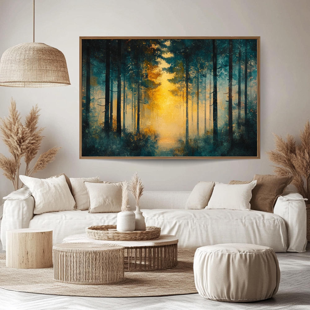 Golden Light Forest Wooden Framed Canvas, Abstract Pine Landscape Wall Art, Serene Nature Scene Print, Dreamy Moody Woodland Decor