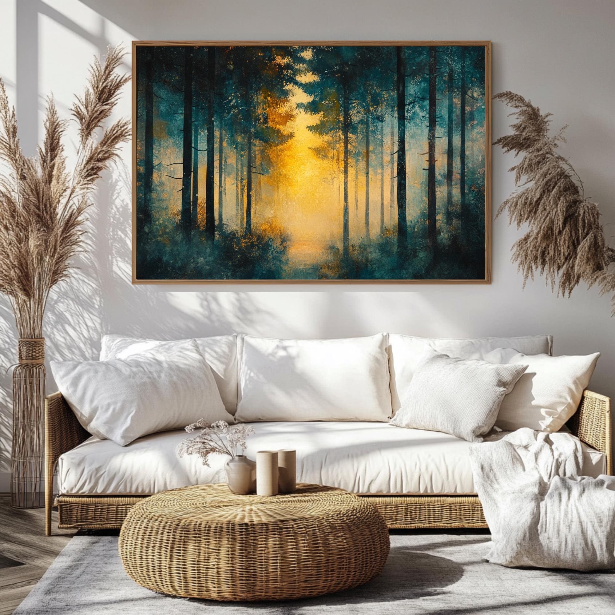 Golden Light Forest Wooden Framed Canvas, Abstract Pine Landscape Wall Art, Serene Nature Scene Print, Dreamy Moody Woodland Decor