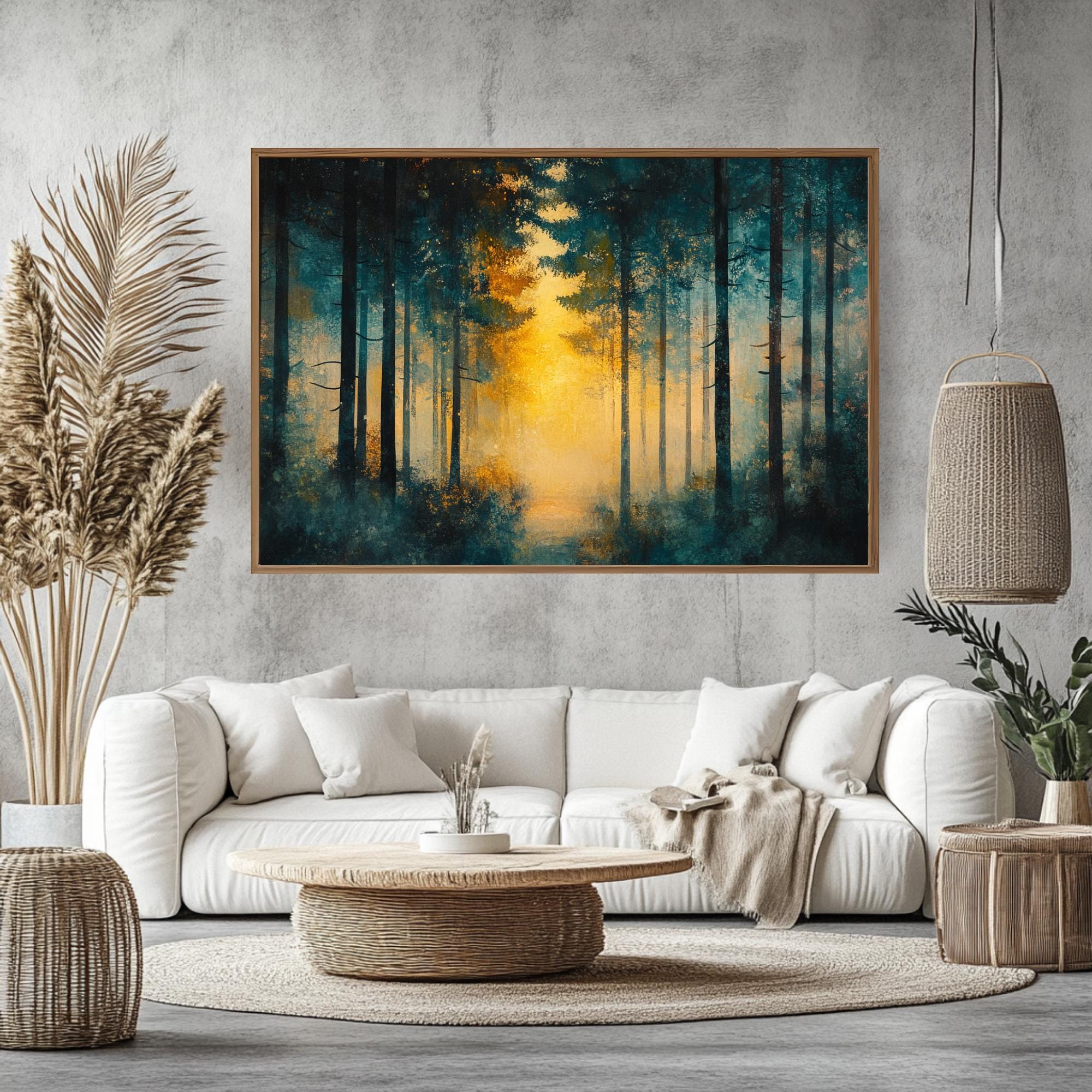 Golden Light Forest Wooden Framed Canvas, Abstract Pine Landscape Wall Art, Serene Nature Scene Print, Dreamy Moody Woodland Decor