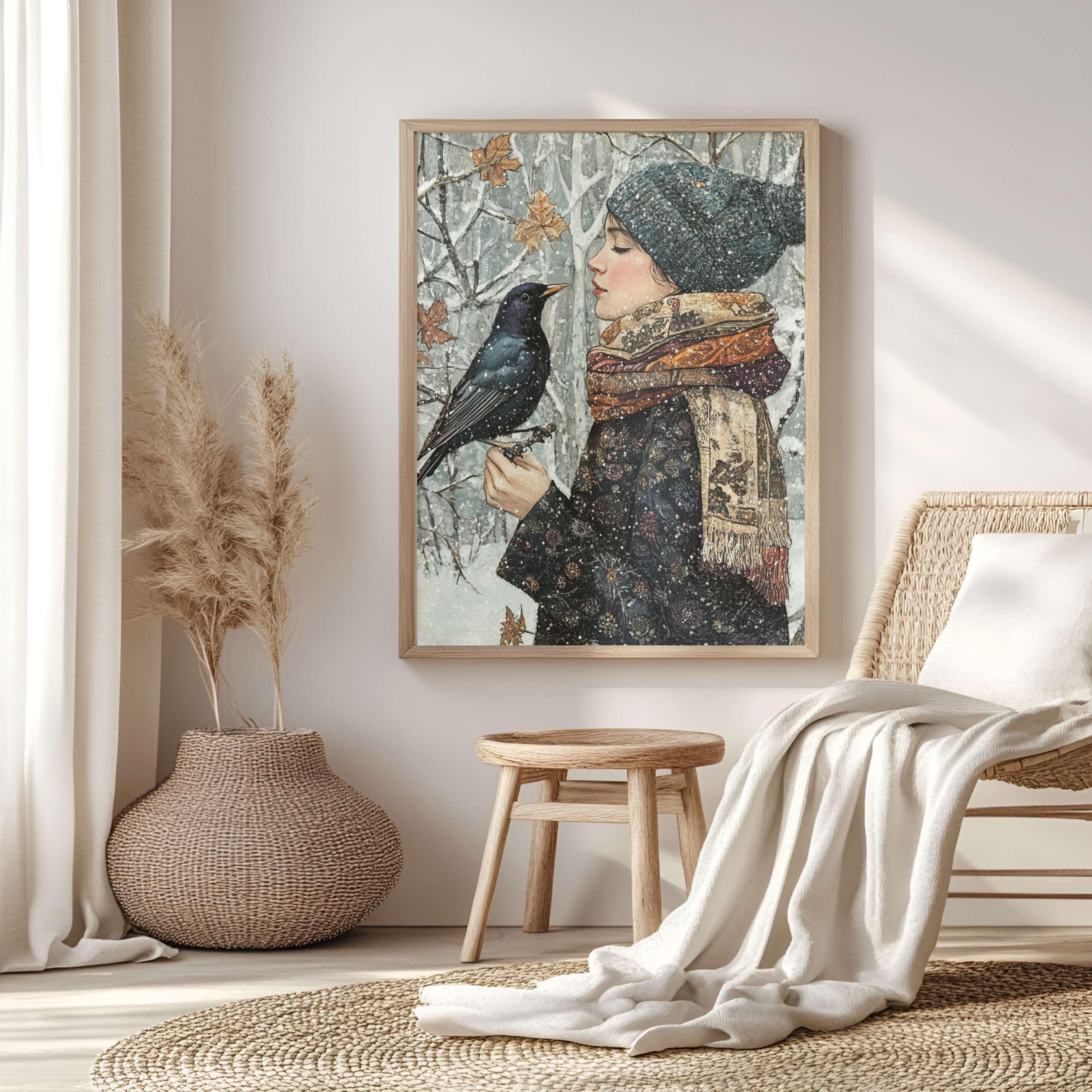 Winter Cardinal William Morris Style Framed Canvas Art, Botanical Vintage Bird Print, Nature Inspired Home Gallery, Cottagecore Winter Decor