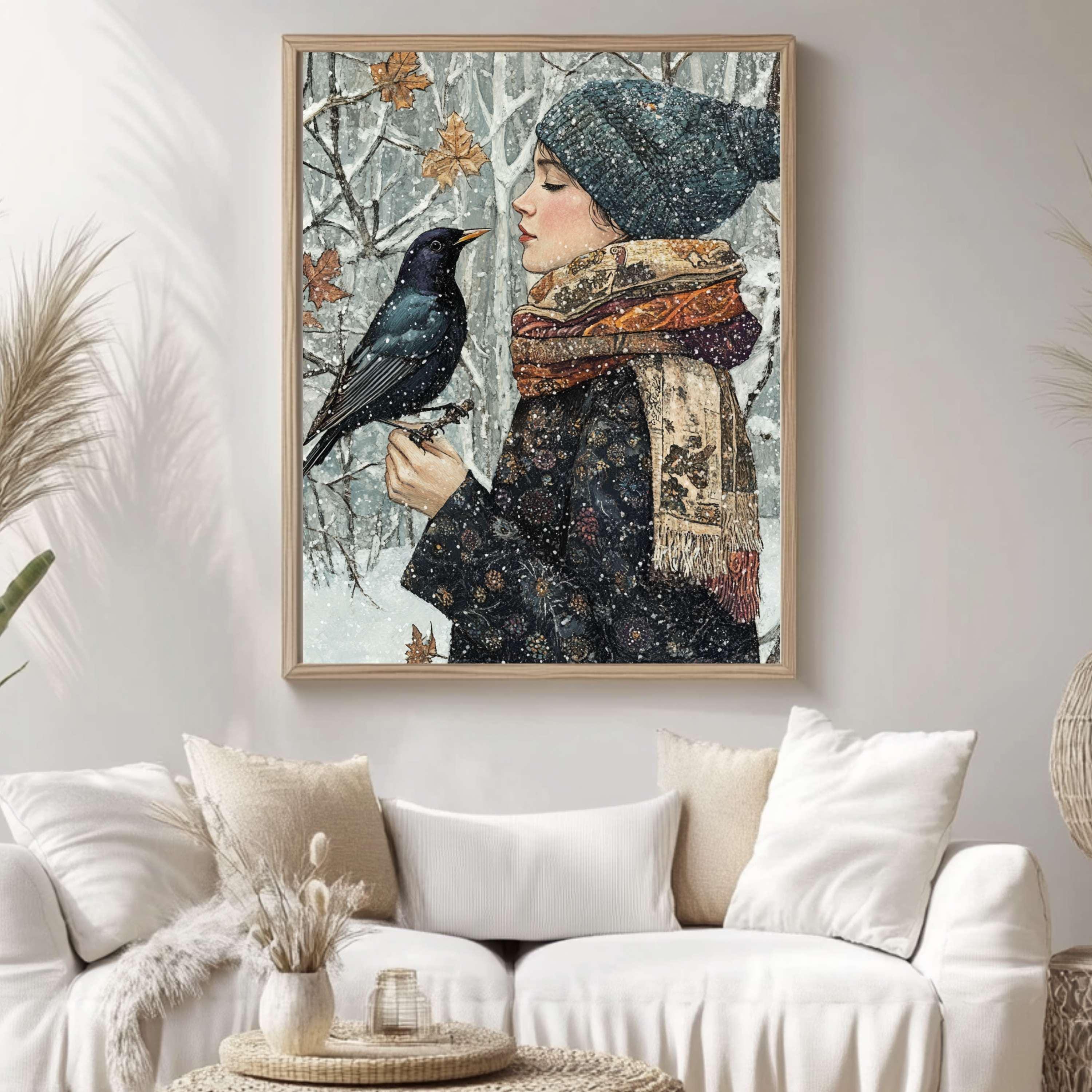 Winter Cardinal William Morris Style Framed Canvas Art, Botanical Vintage Bird Print, Nature Inspired Home Gallery, Cottagecore Winter Decor