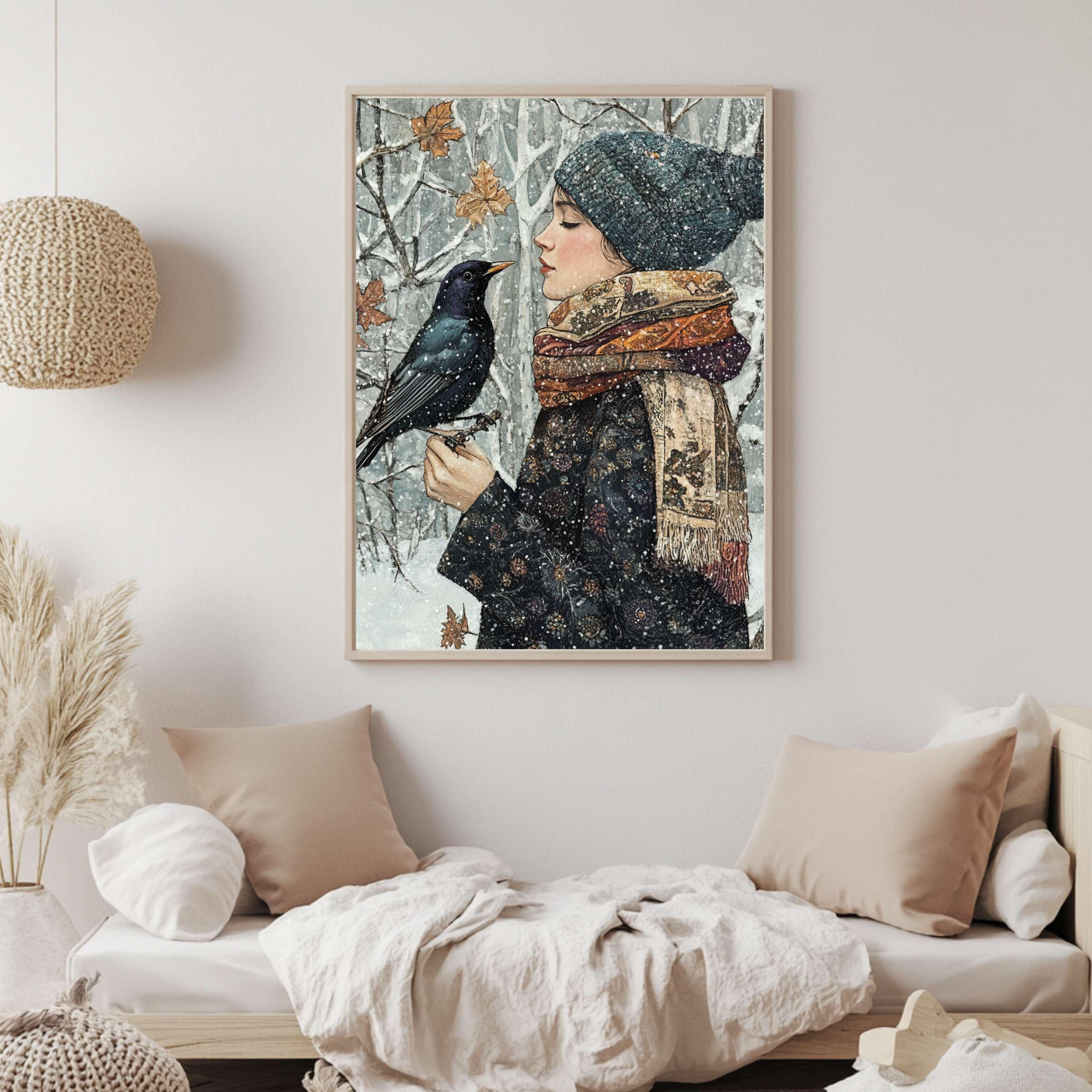 Winter Cardinal William Morris Style Framed Canvas Art, Botanical Vintage Bird Print, Nature Inspired Home Gallery, Cottagecore Winter Decor