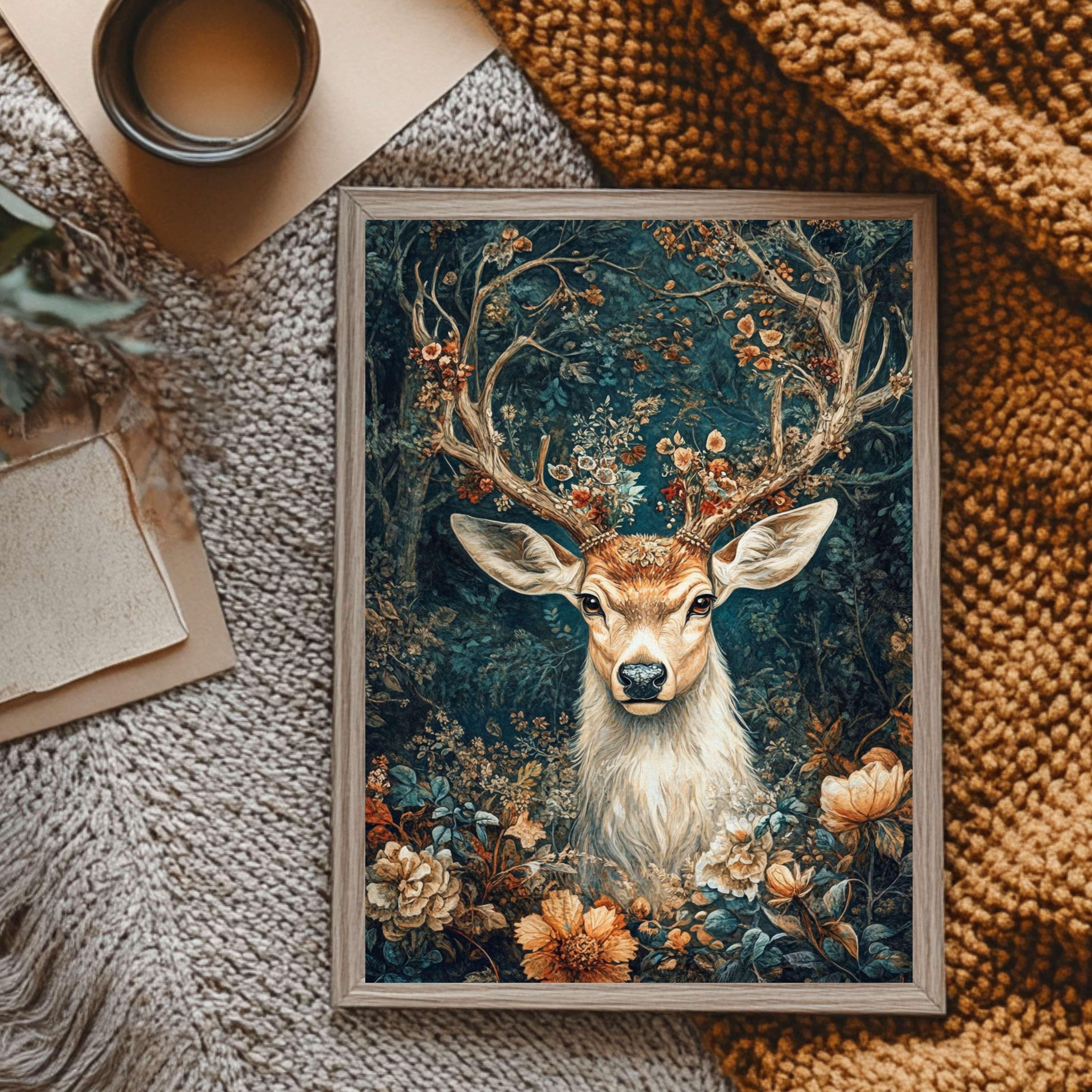 Mystical Deer in the Forest Canvas Wall Art, Framed Wooden Canvas Animal Print, Rustic Woodland Home Decor, Nature Inspired Home Gallery