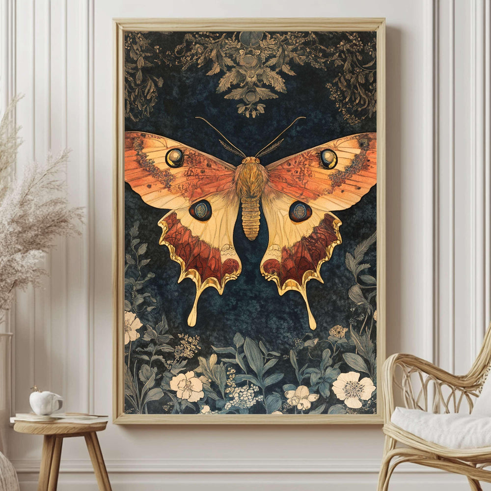 Mystical Garden Moth William Morris Style Wall Art, Framed Wooden Canvas Moth Print, Vintage Aesthetic Decor, Nature Inspired Home Gallery