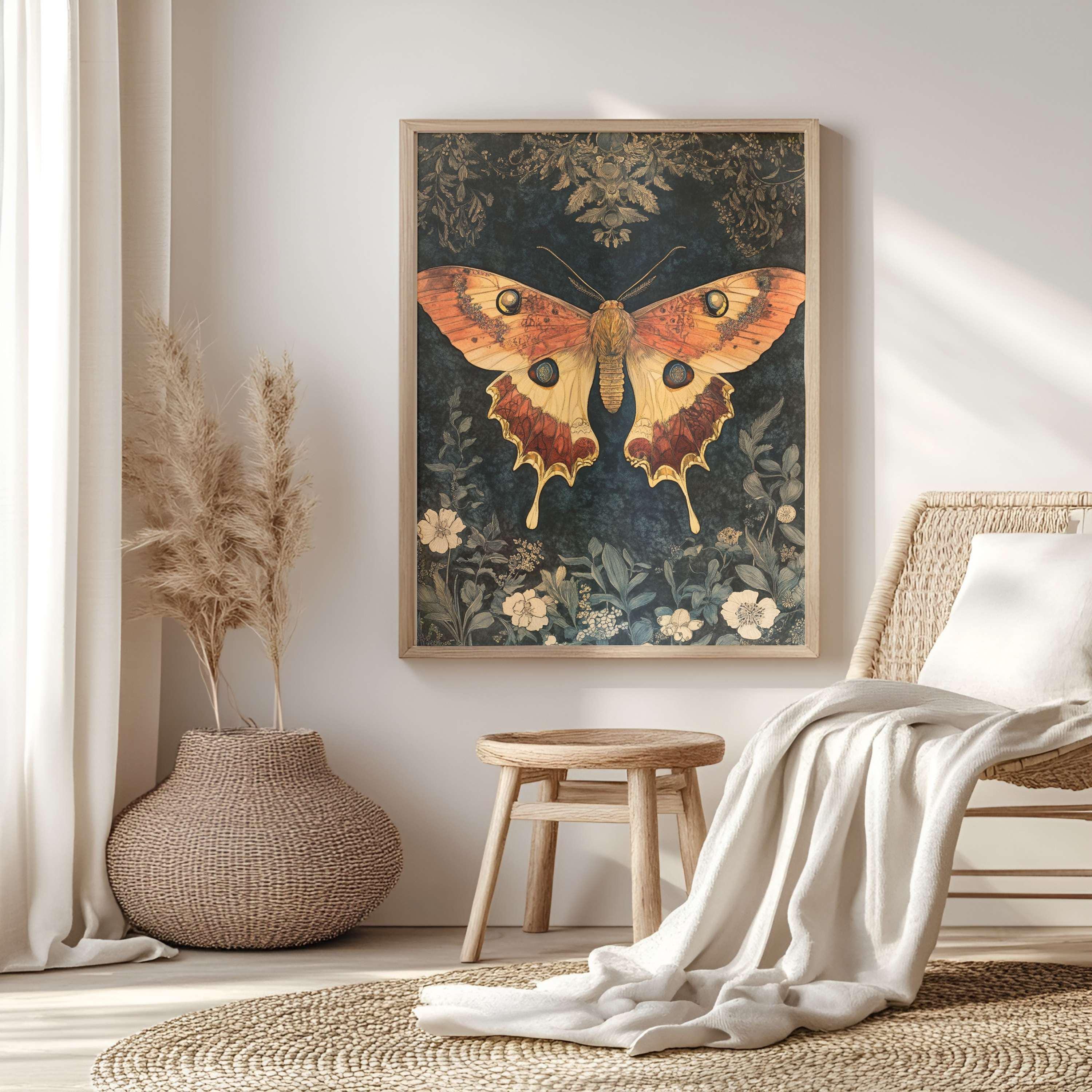 Mystical Garden Moth William Morris Style Wall Art, Framed Wooden Canvas Moth Print, Vintage Aesthetic Decor, Nature Inspired Home Gallery