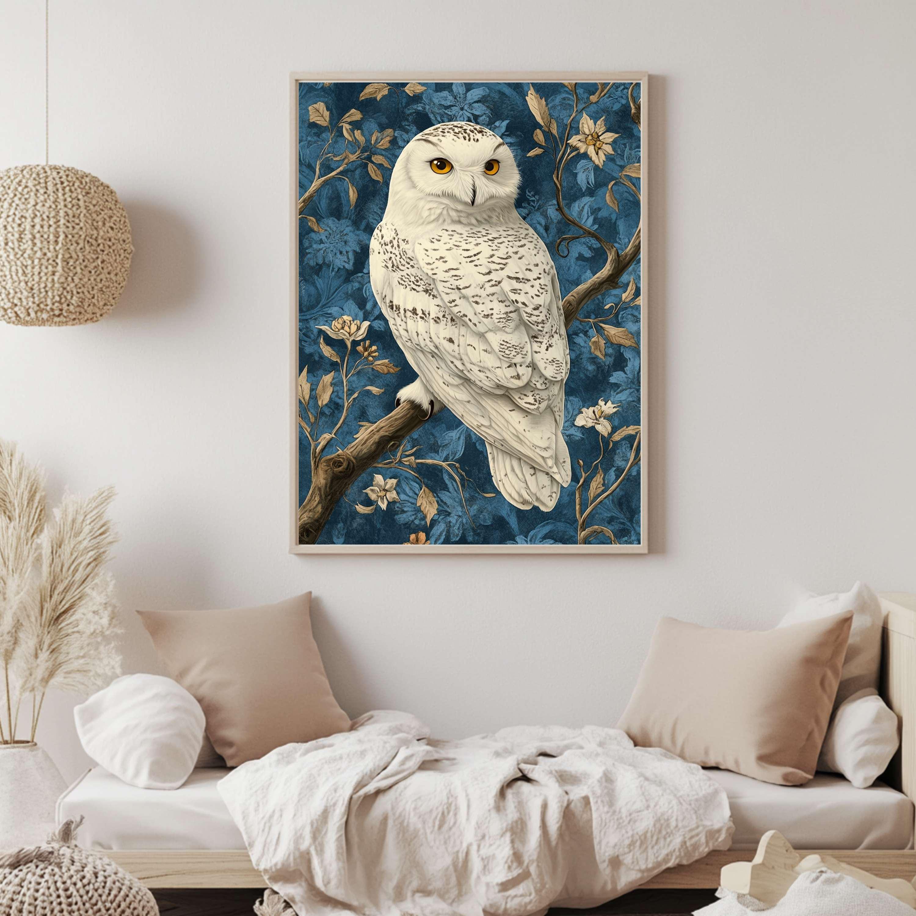 Snowy Owl William Morris Style Wall Art, Vintage Bird Print, William Morris Inspired Home Gallery, Cottagecore Decor, Woodland Owl Print