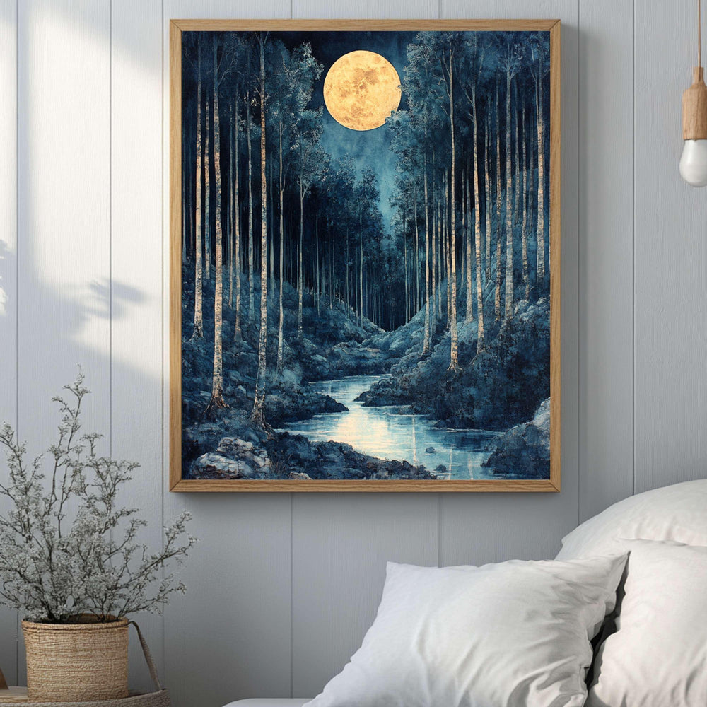 Mystical Moonlit Forest Canvas Wall Art, Framed Wooden Canvas Dark Forest Print, Rustic Cottagecore Home Decor, Nature Inspired Gallery