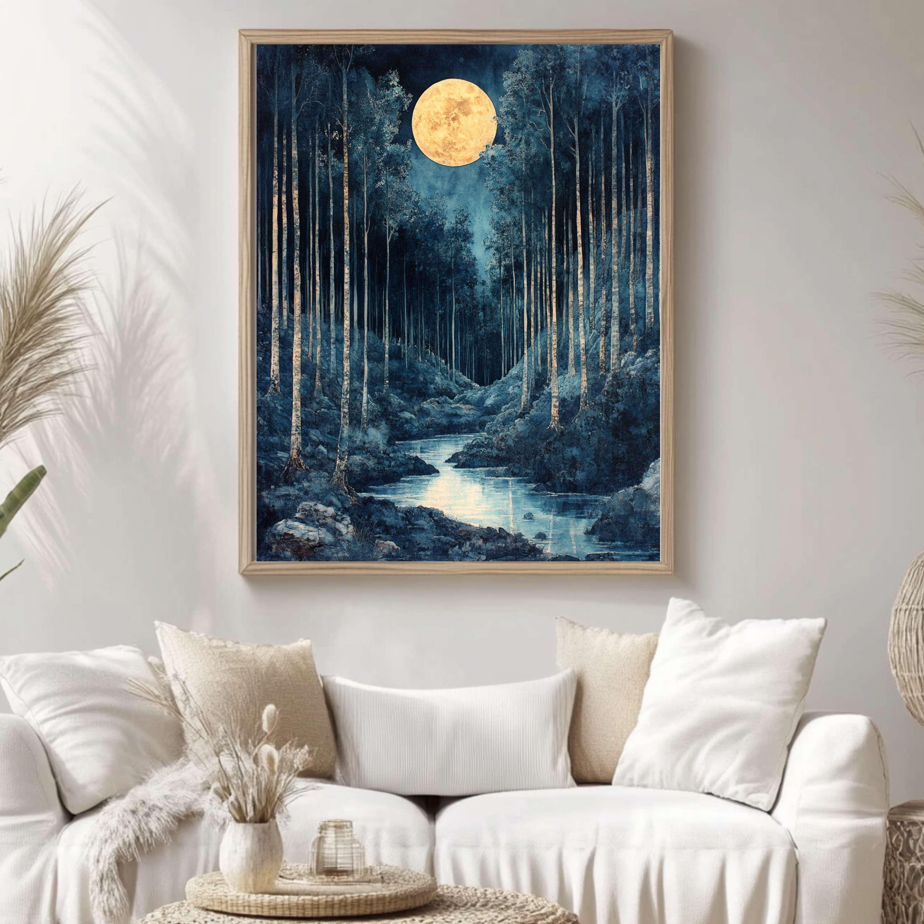 Mystical Moonlit Forest Canvas Wall Art, Framed Wooden Canvas Dark Forest Print, Rustic Cottagecore Home Decor, Nature Inspired Gallery