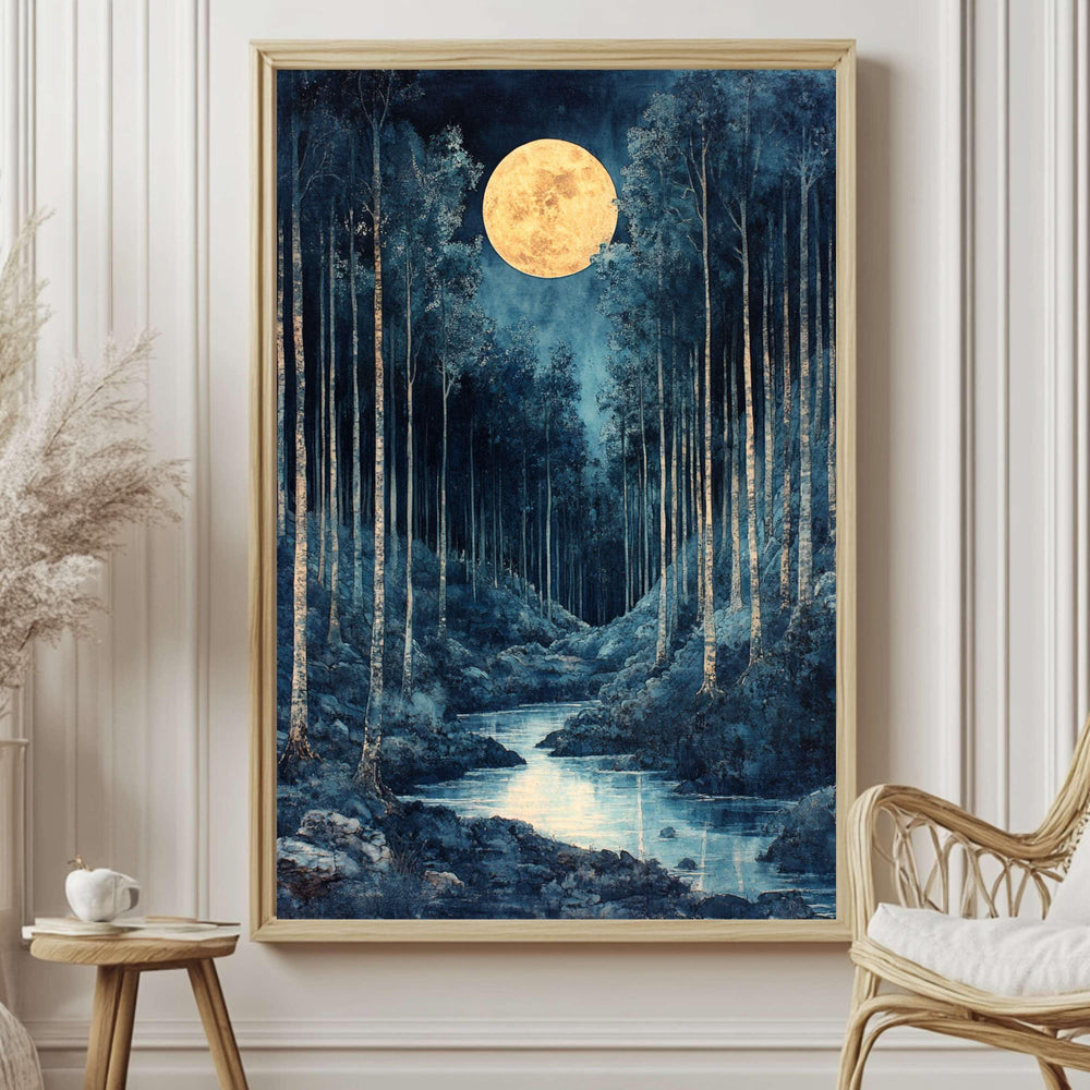 Mystical Moonlit Forest Canvas Wall Art, Framed Wooden Canvas Dark Forest Print, Rustic Cottagecore Home Decor, Nature Inspired Gallery