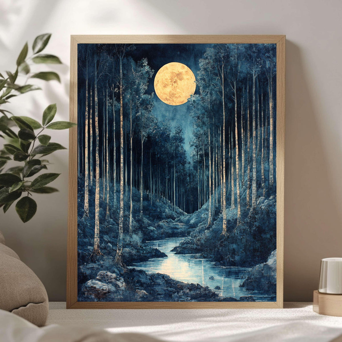 Mystical Moonlit Forest Canvas Wall Art, Framed Wooden Canvas Dark Forest Print, Rustic Cottagecore Home Decor, Nature Inspired Gallery