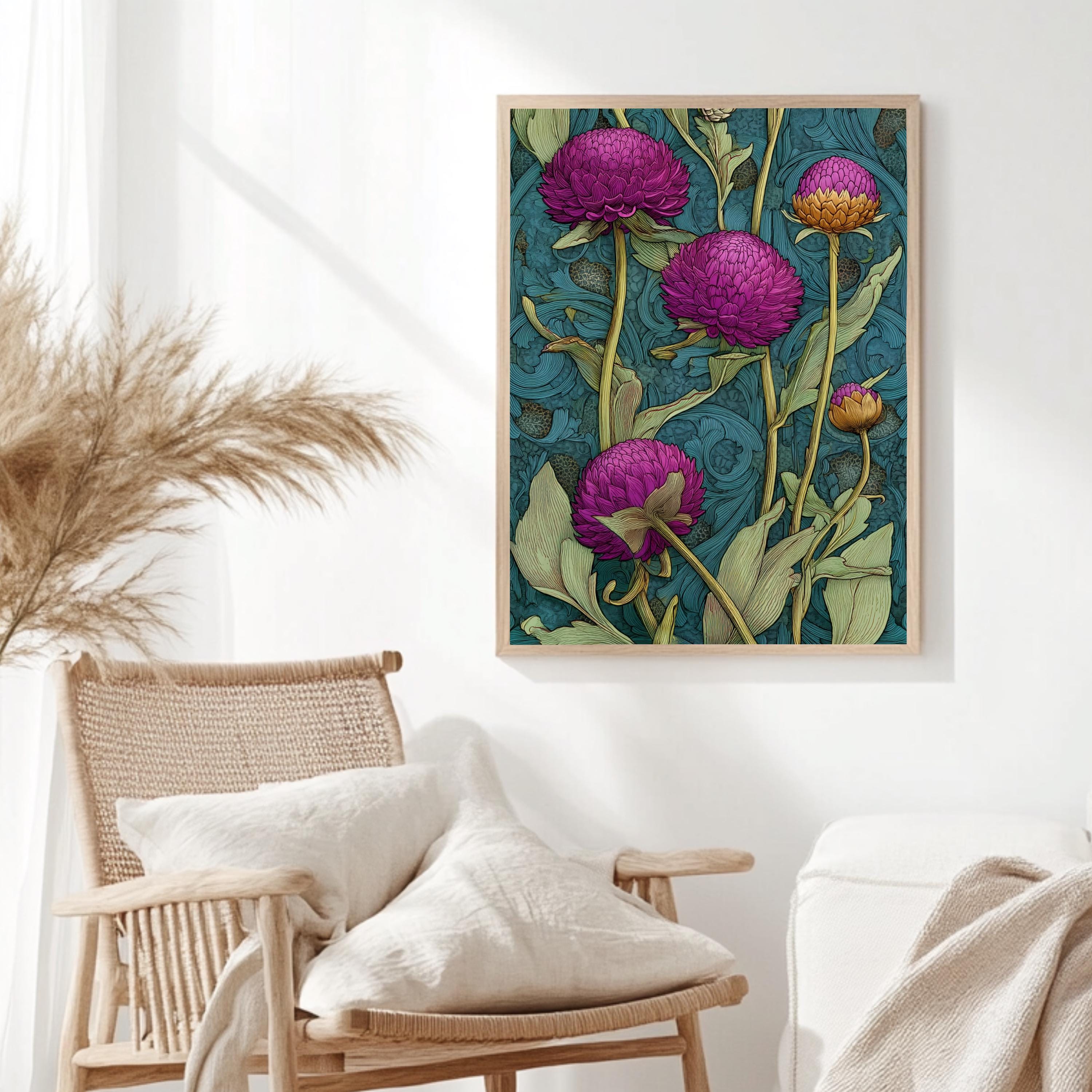 Globe Amaranth Floral Wall Art, William Morris Inspired Botanical Canvas, Vintage Purple and Gold Flower Print, Cottagecore Framed Decor
