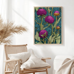 Globe Amaranth Floral Wall Art, William Morris Inspired Botanical Canvas, Vintage Purple and Gold Flower Print, Cottagecore Framed Decor