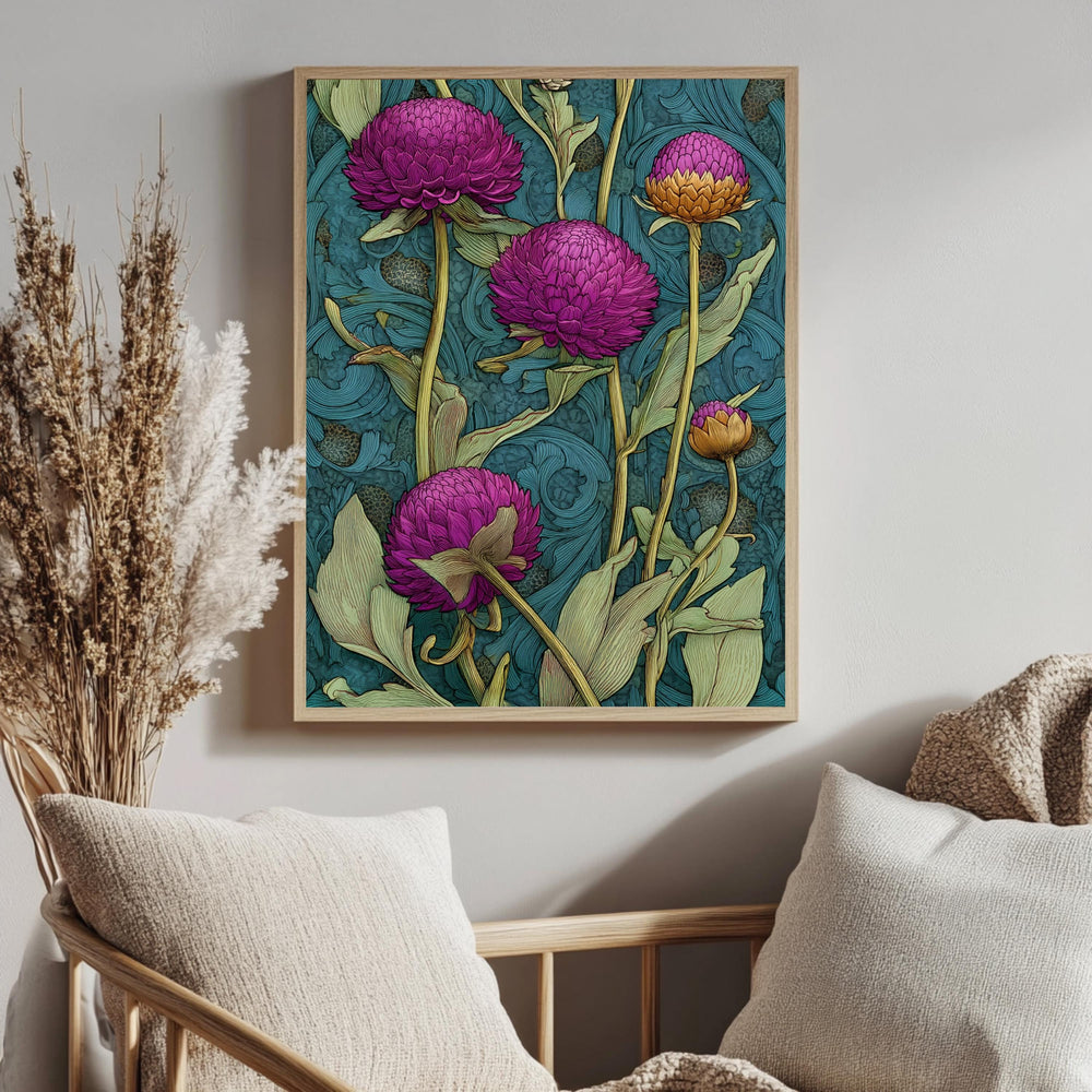 Globe Amaranth Floral Wall Art, William Morris Inspired Botanical Canvas, Vintage Purple and Gold Flower Print, Cottagecore Framed Decor