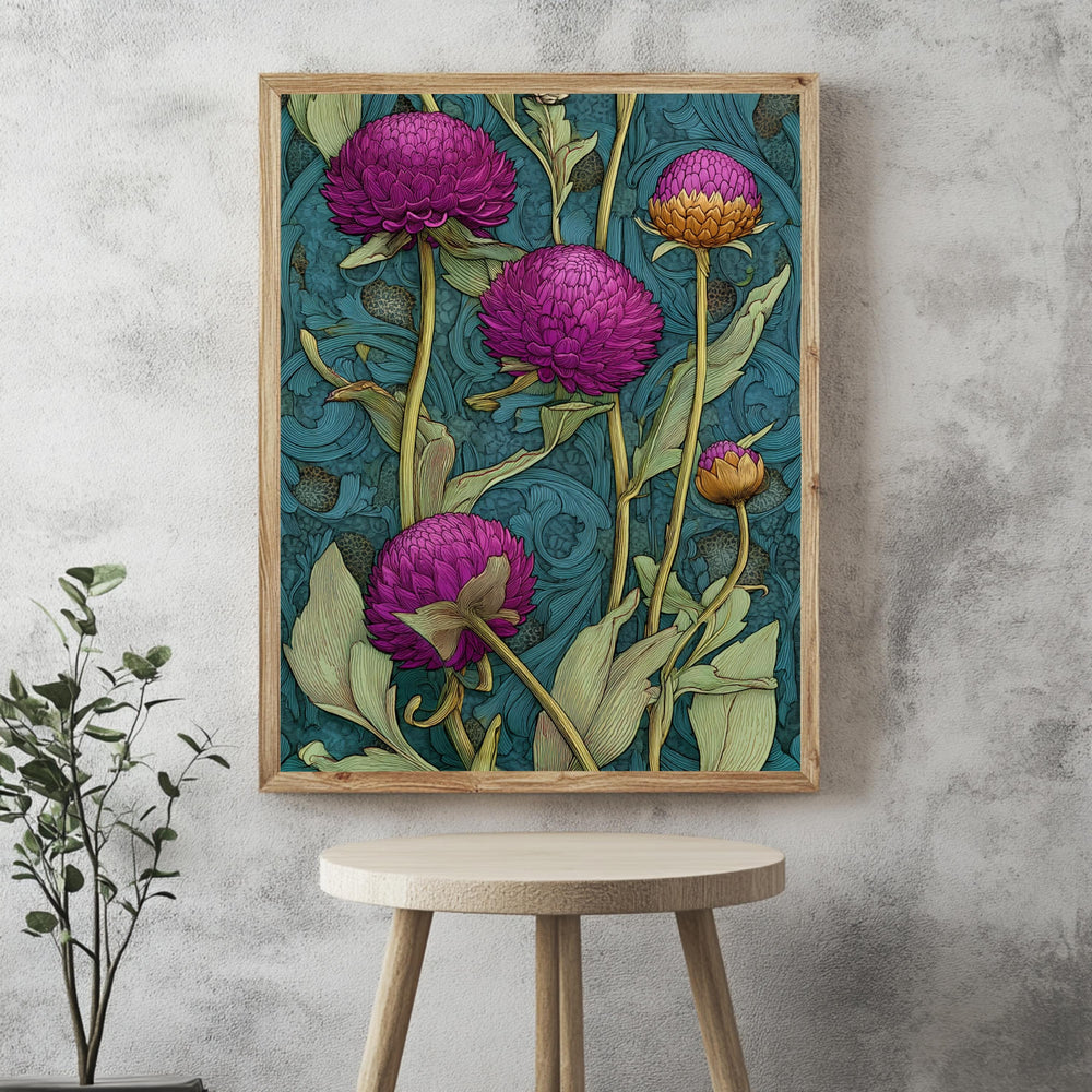 Globe Amaranth Floral Wall Art, William Morris Inspired Botanical Canvas, Vintage Purple and Gold Flower Print, Cottagecore Framed Decor