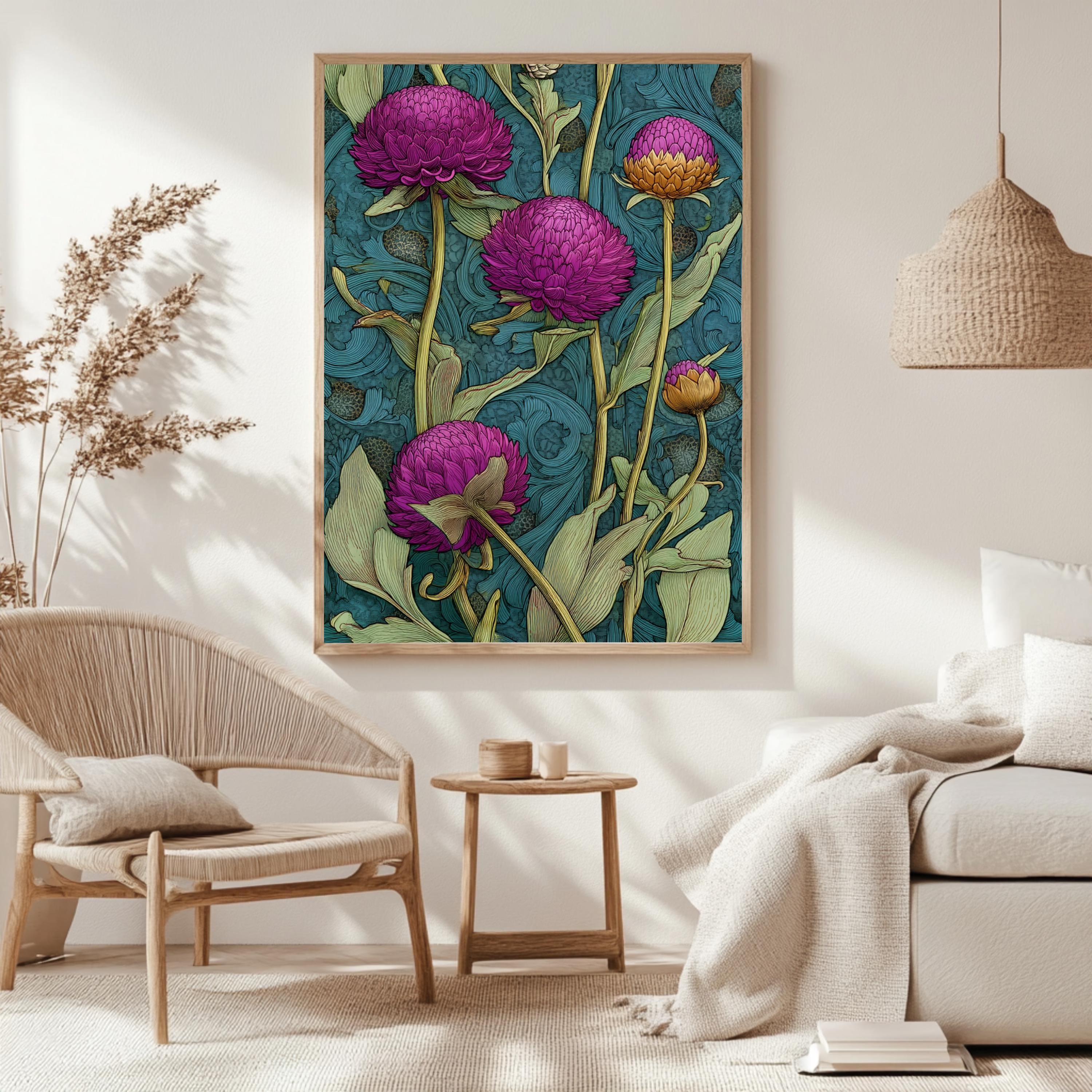 Globe Amaranth Floral Wall Art, William Morris Inspired Botanical Canvas, Vintage Purple and Gold Flower Print, Cottagecore Framed Decor