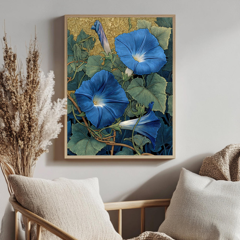 Morning Glory Wall Art, William Morris Inspired Blue Floral Canvas, Vintage Botanical Garden Print, Cottagecore Framed Nature Decor