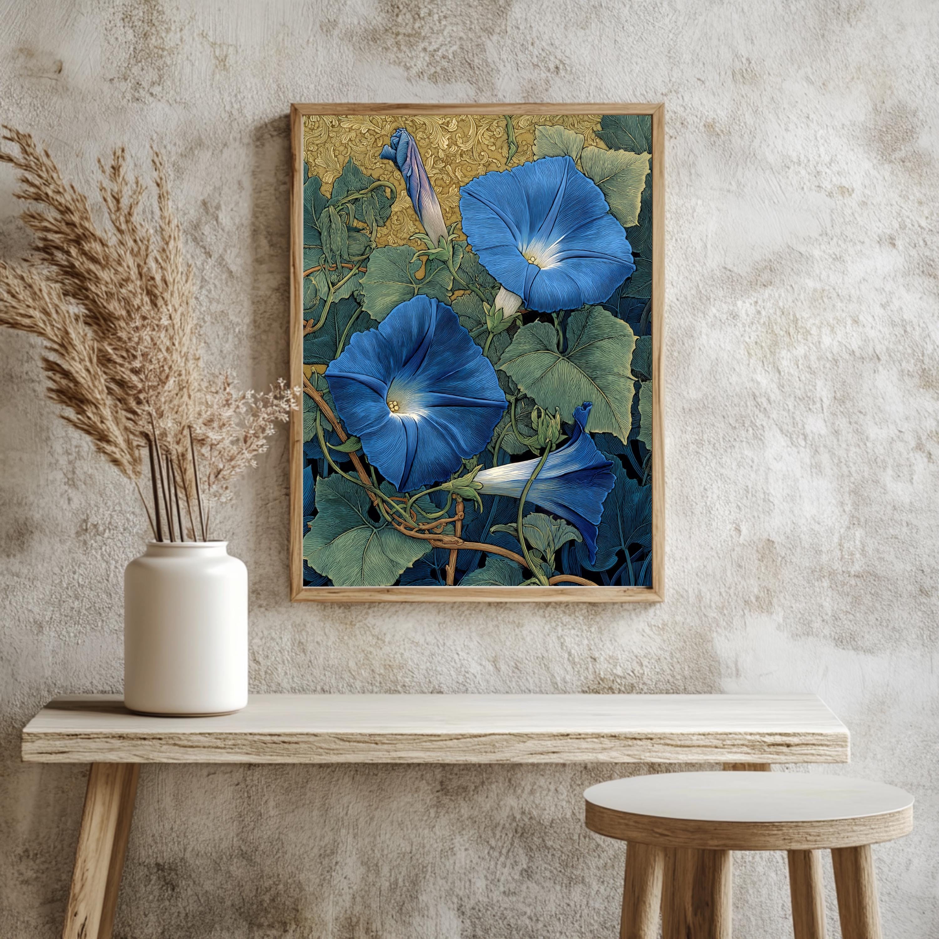 Morning Glory Wall Art, William Morris Inspired Blue Floral Canvas, Vintage Botanical Garden Print, Cottagecore Framed Nature Decor