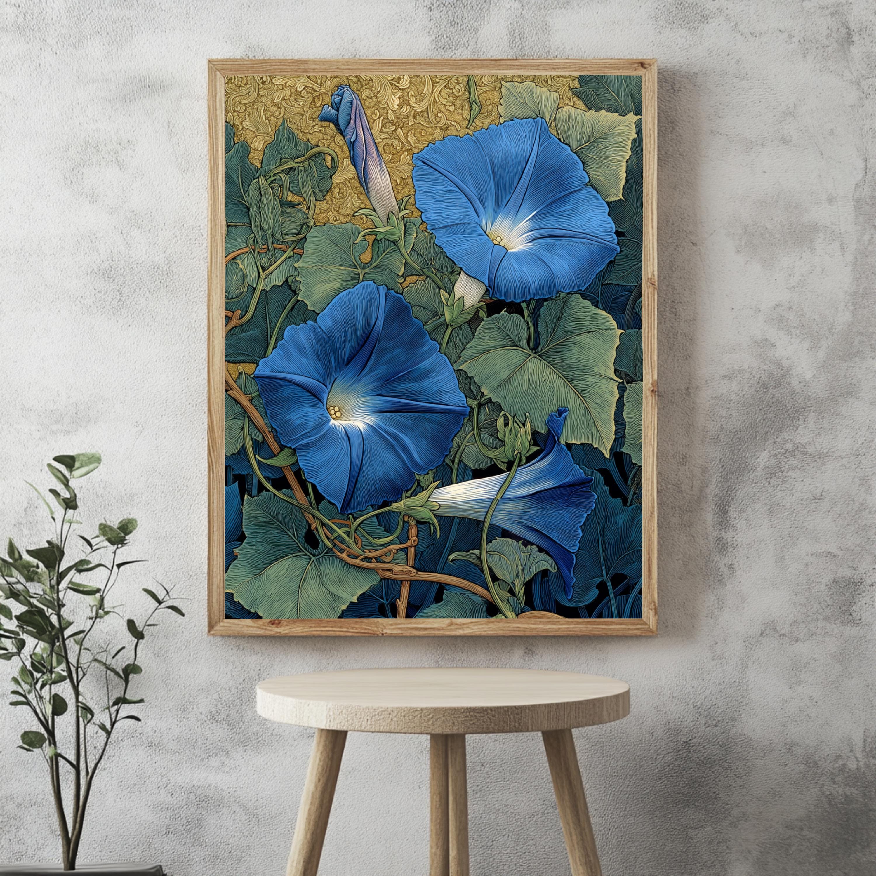 Morning Glory Wall Art, William Morris Inspired Blue Floral Canvas, Vintage Botanical Garden Print, Cottagecore Framed Nature Decor