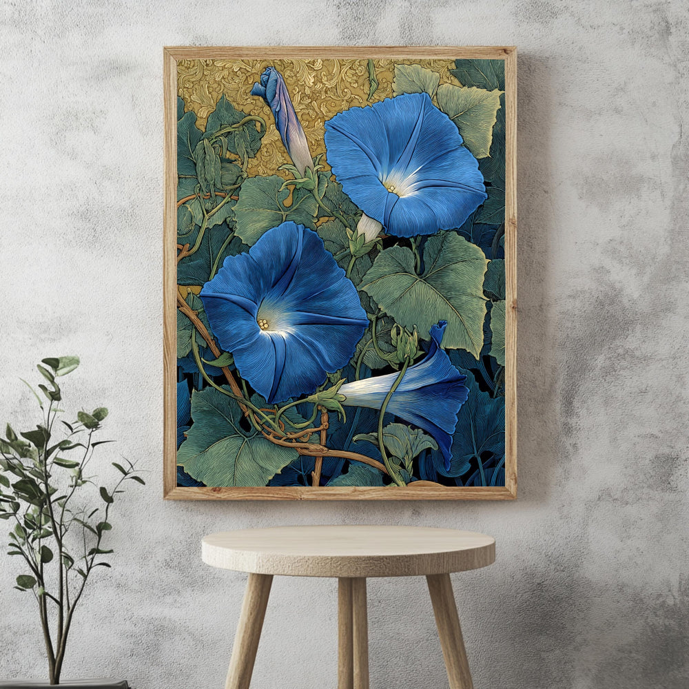 Morning Glory Wall Art, William Morris Inspired Blue Floral Canvas, Vintage Botanical Garden Print, Cottagecore Framed Nature Decor
