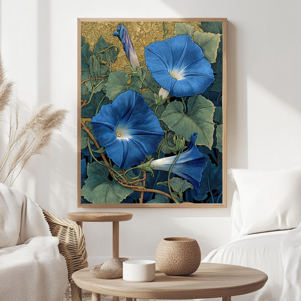 Morning Glory Wall Art, William Morris Inspired Blue Floral Canvas, Vintage Botanical Garden Print, Cottagecore Framed Nature Decor