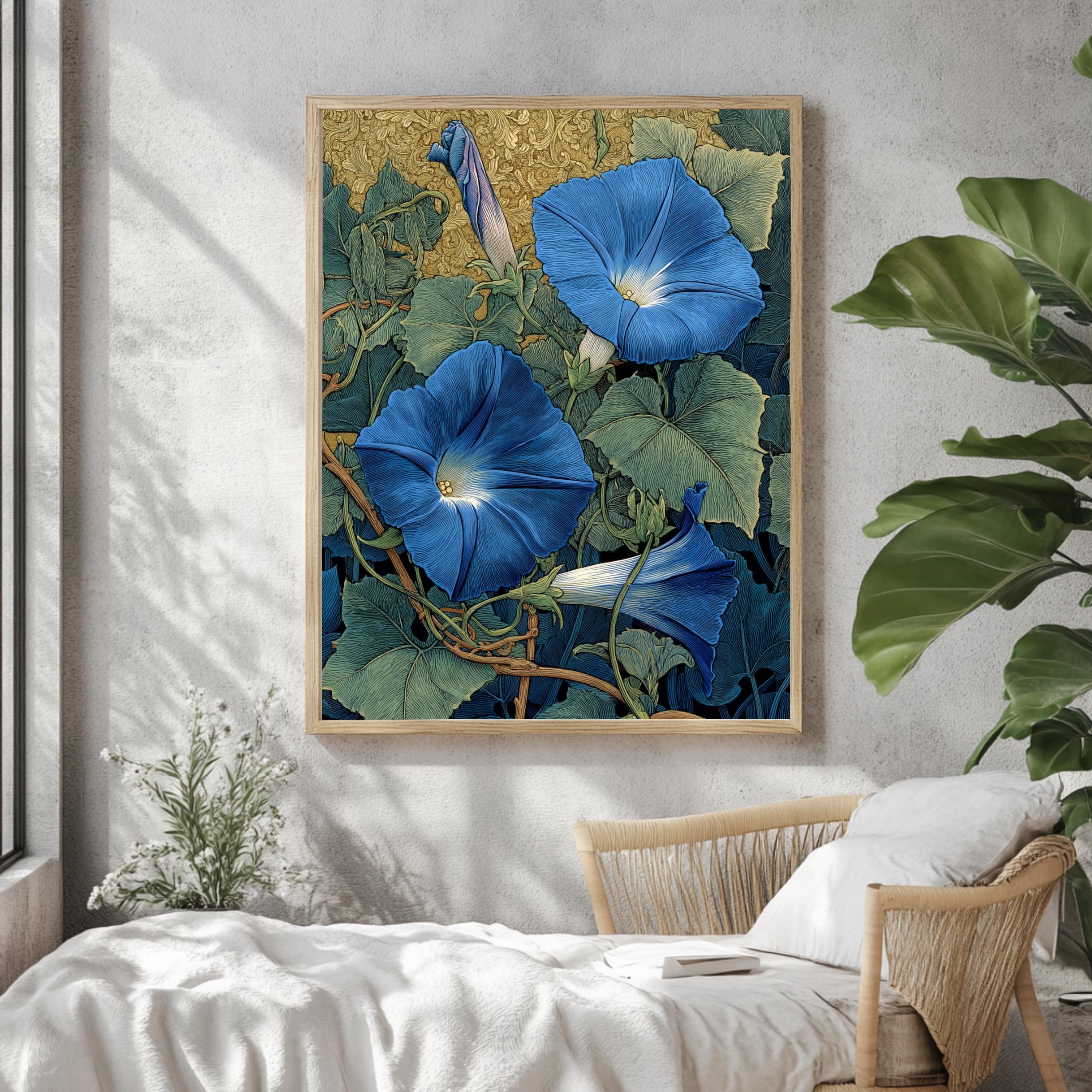 Morning Glory Wall Art, William Morris Inspired Blue Floral Canvas, Vintage Botanical Garden Print, Cottagecore Framed Nature Decor