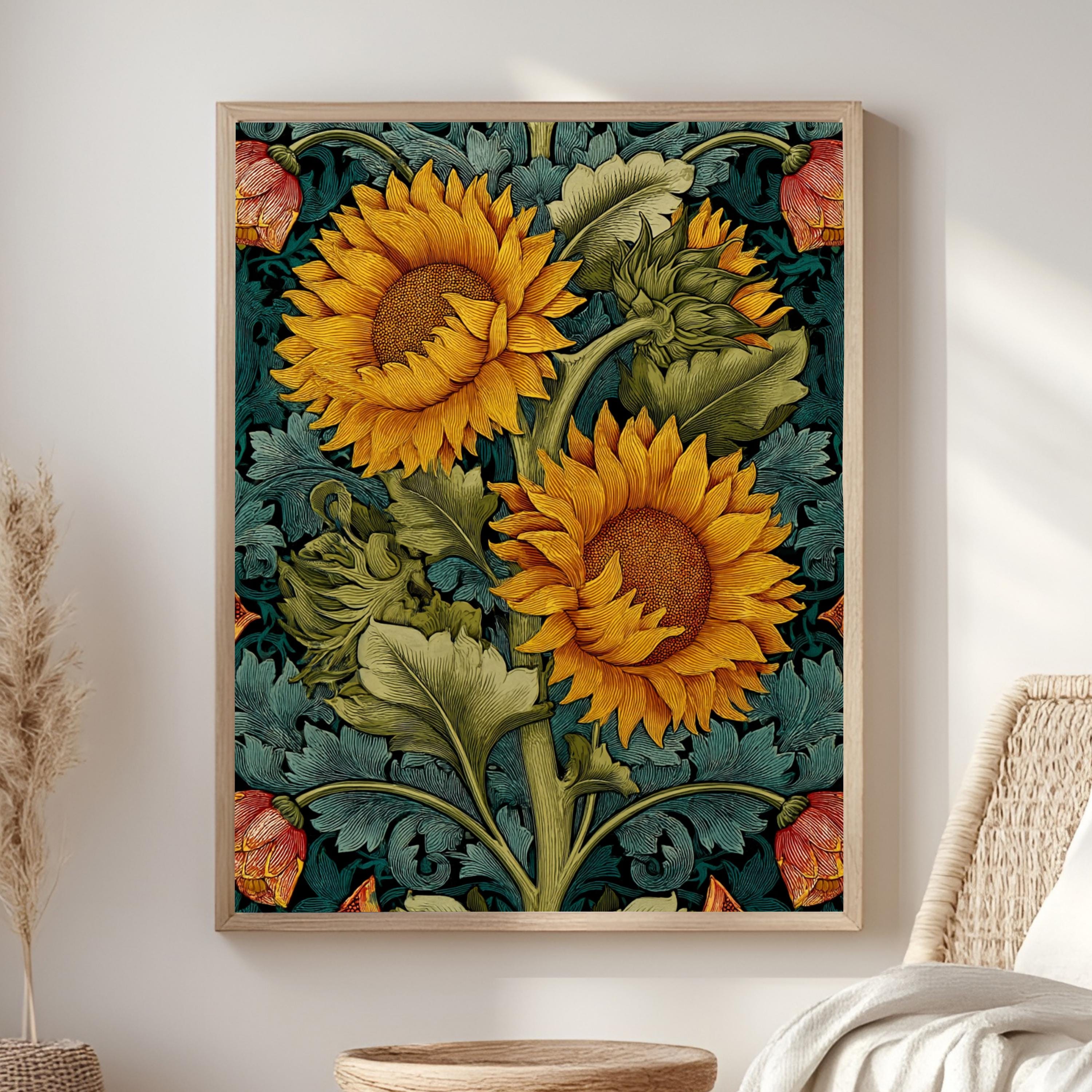 Sunflower Botanical Wall Art, William Morris Inspired Floral Canvas, Vintage Yellow Garden Print, Cottagecore Framed Nature Decor