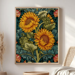 Sunflower Botanical Wall Art, William Morris Inspired Floral Canvas, Vintage Yellow Garden Print, Cottagecore Framed Nature Decor