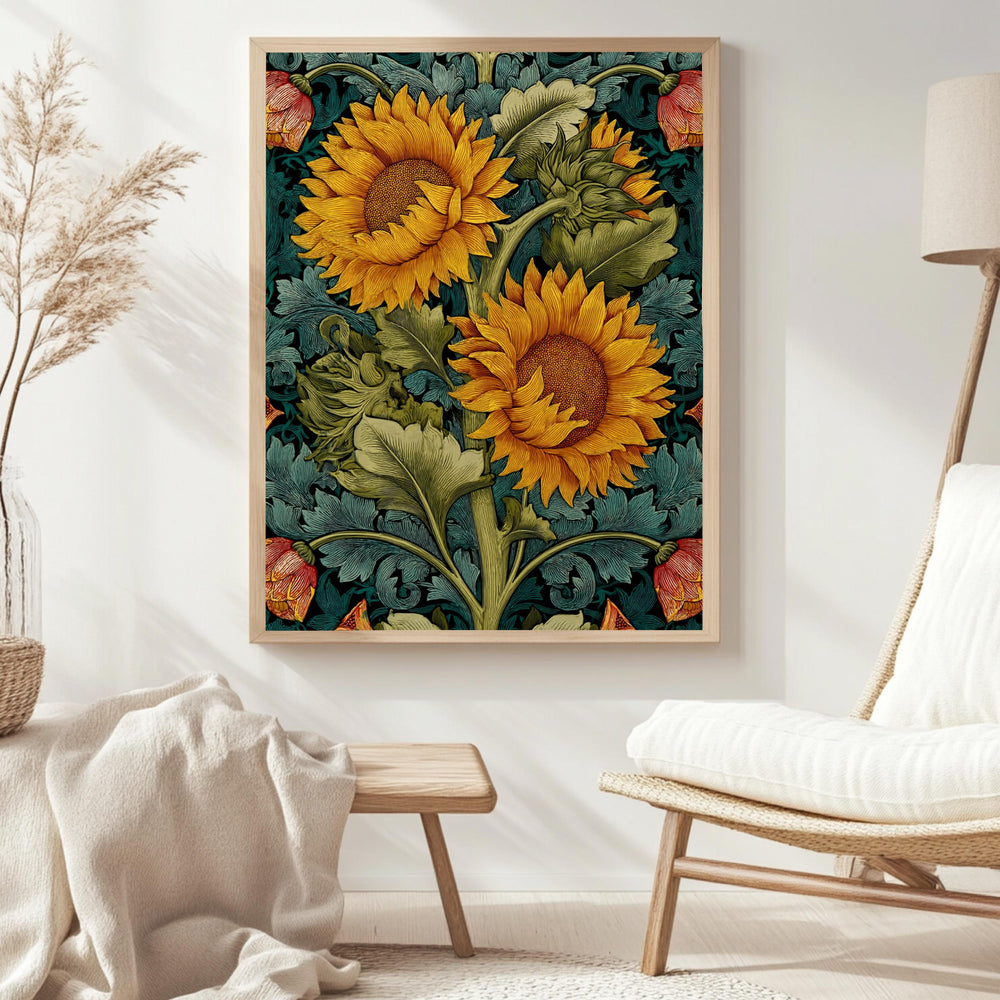Sunflower Botanical Wall Art, William Morris Inspired Floral Canvas, Vintage Yellow Garden Print, Cottagecore Framed Nature Decor