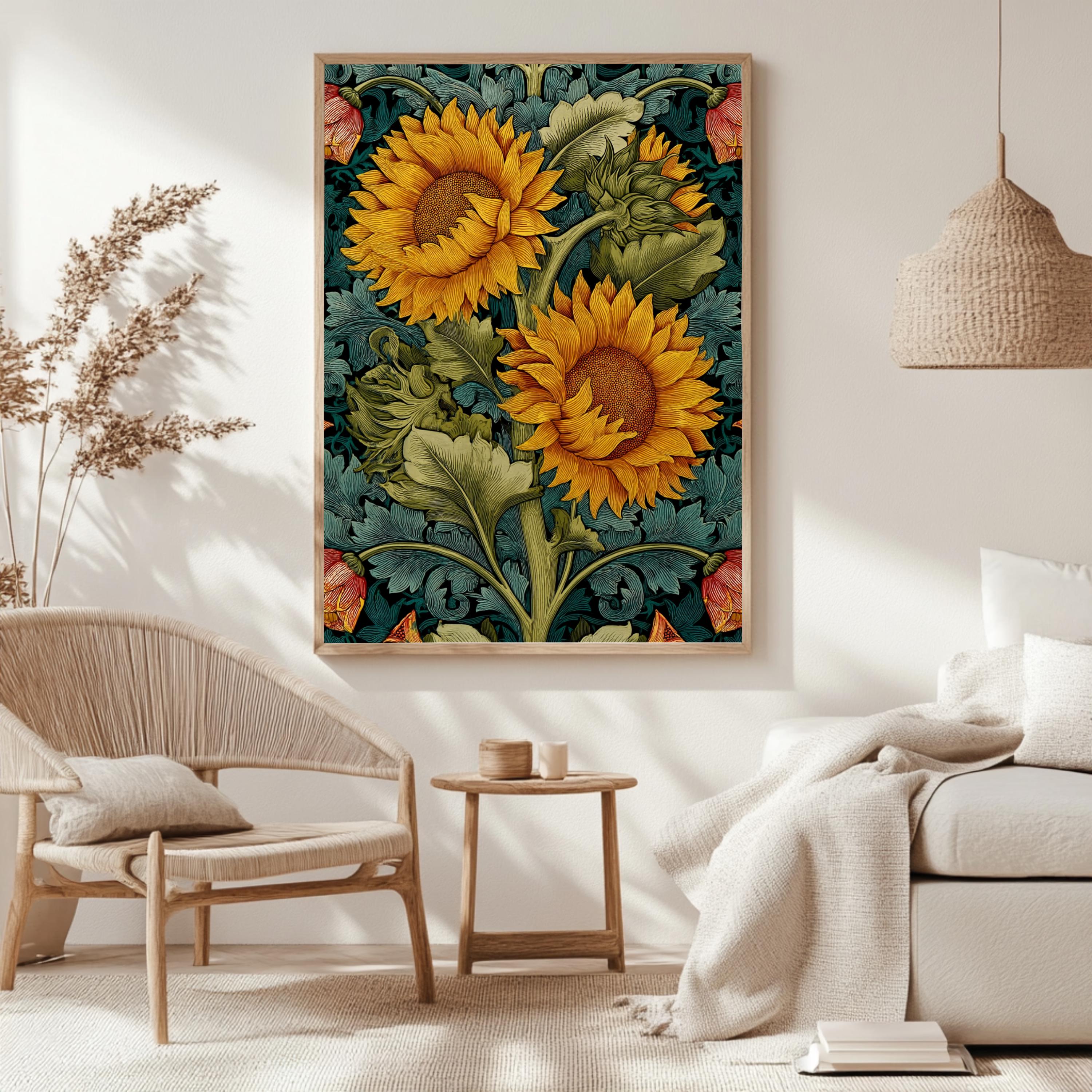 Sunflower Botanical Wall Art, William Morris Inspired Floral Canvas, Vintage Yellow Garden Print, Cottagecore Framed Nature Decor