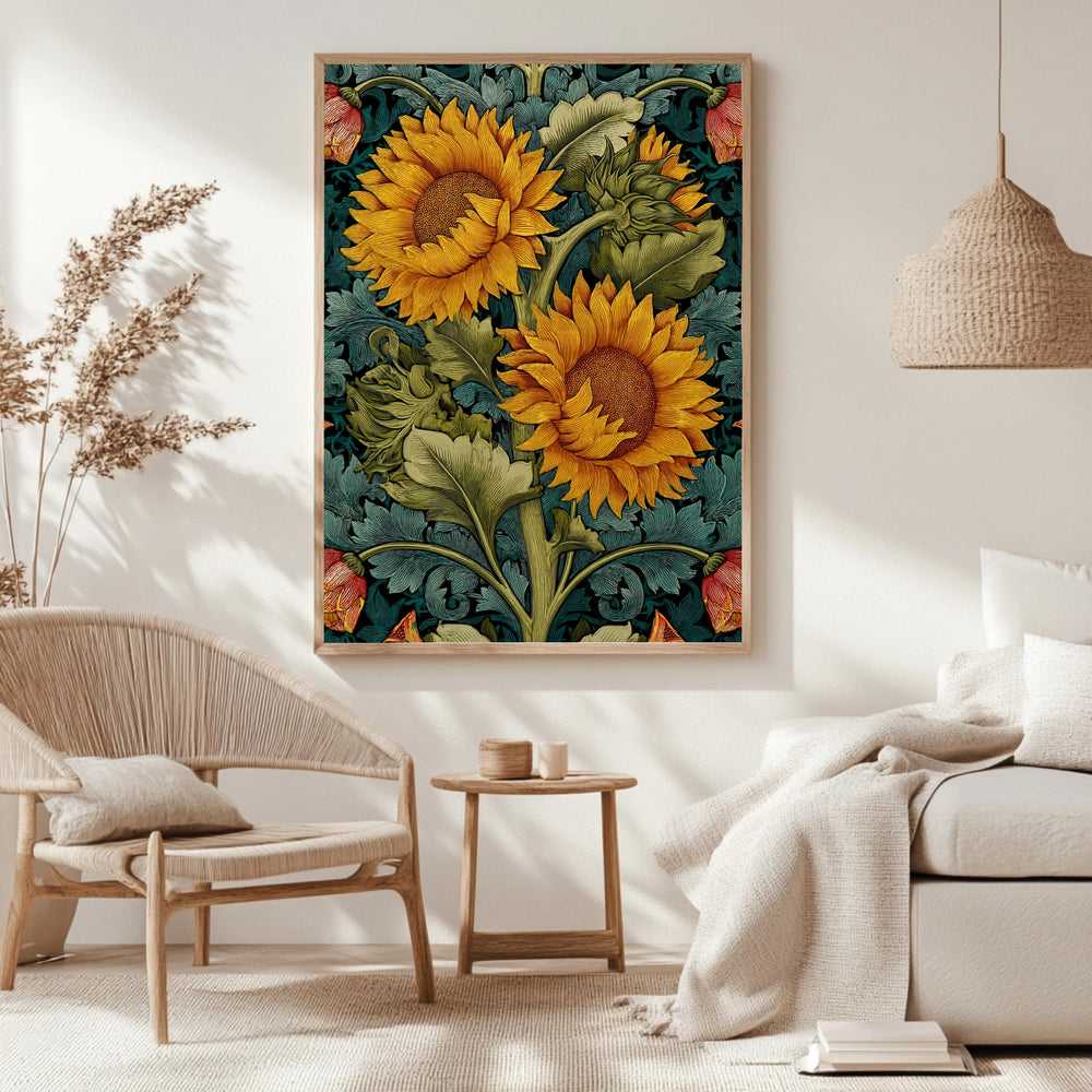 Sunflower Botanical Wall Art, William Morris Inspired Floral Canvas, Vintage Yellow Garden Print, Cottagecore Framed Nature Decor