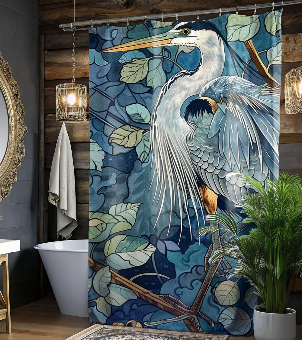 Blue Heron Printed Coastal William Morris Shower Curtain, Bathroom Decor, Bathroom Accessories, Bathroom Shower Curtain, Coastal Decor