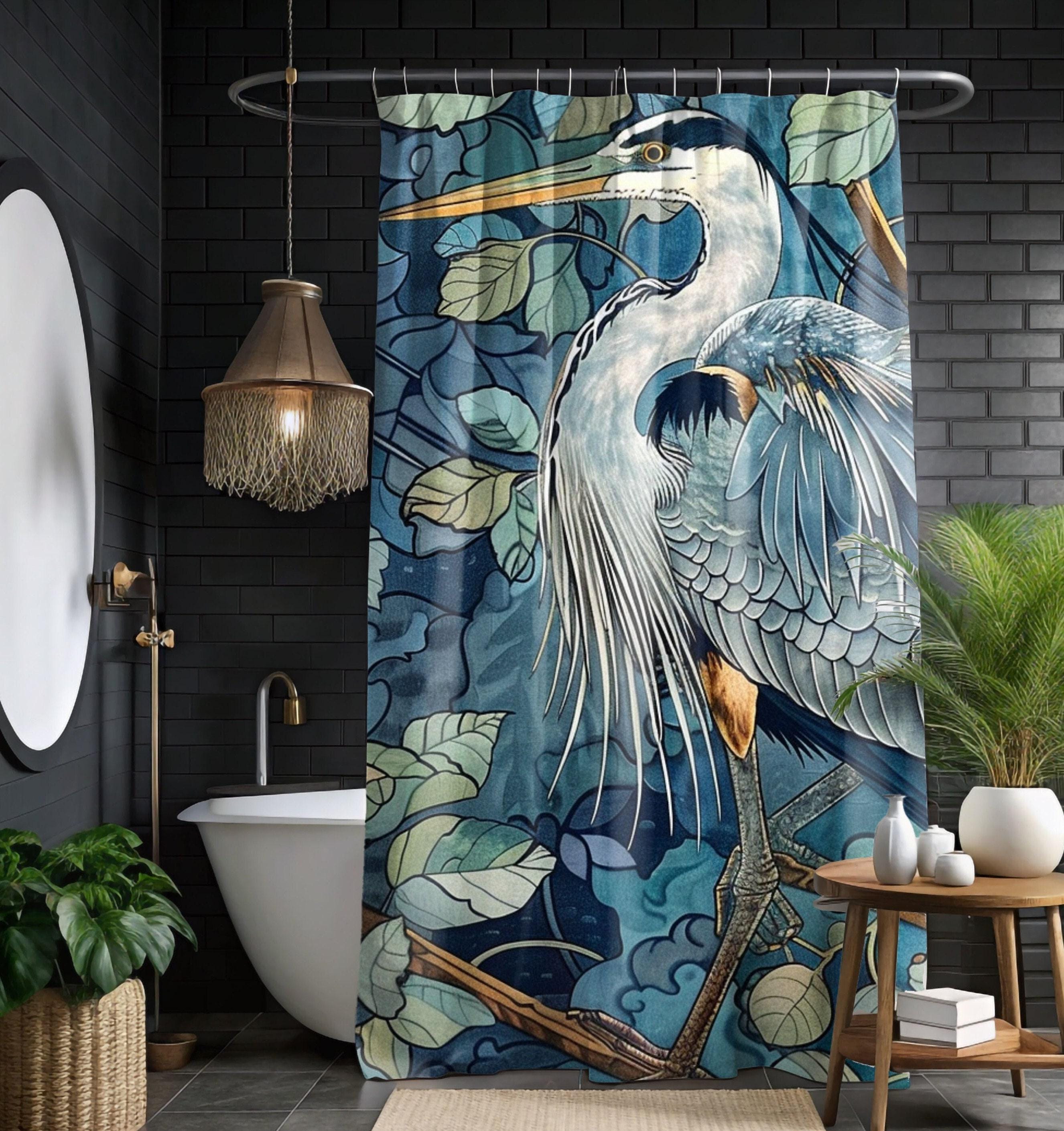 Blue Heron Printed Coastal William Morris Shower Curtain, Bathroom Decor, Bathroom Accessories, Bathroom Shower Curtain, Coastal Decor
