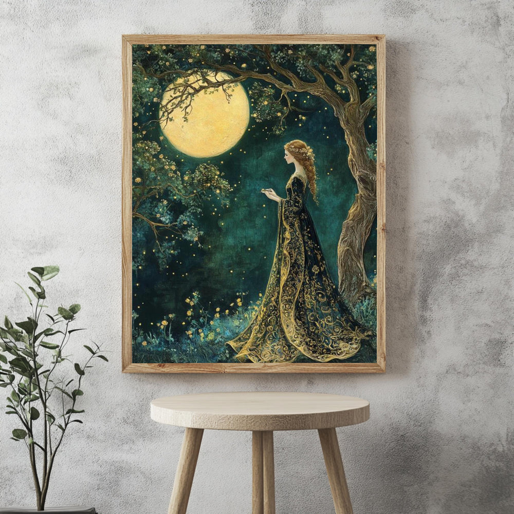 Moonlight Forest Maiden Canvas, Enchanted Night Sky Wall Art, Whimsical Fairy Woman Print, Mystical Boho Nature Decor, Celestial Home Accent