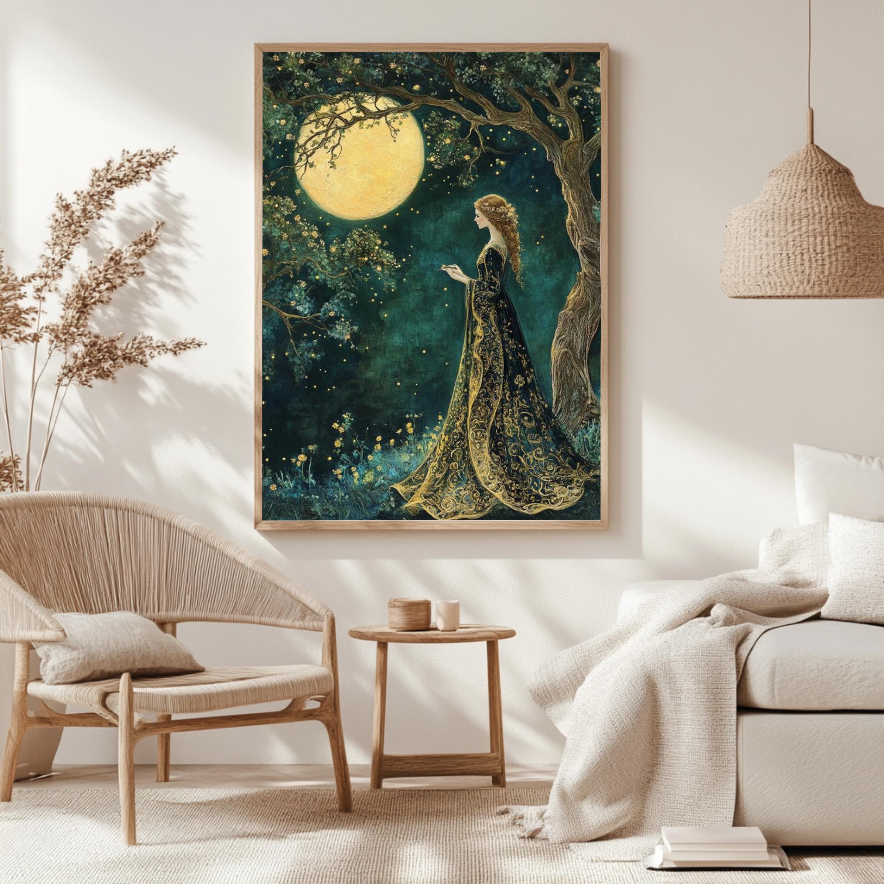 Moonlight Forest Maiden Canvas, Enchanted Night Sky Wall Art, Whimsical Fairy Woman Print, Mystical Boho Nature Decor, Celestial Home Accent