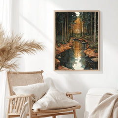 Golden Forest Creek Framed Canvas, Tranquil Nature Stream Wall Art, Moody Woodland Landscape Print, Rustic Autumn Home Decor