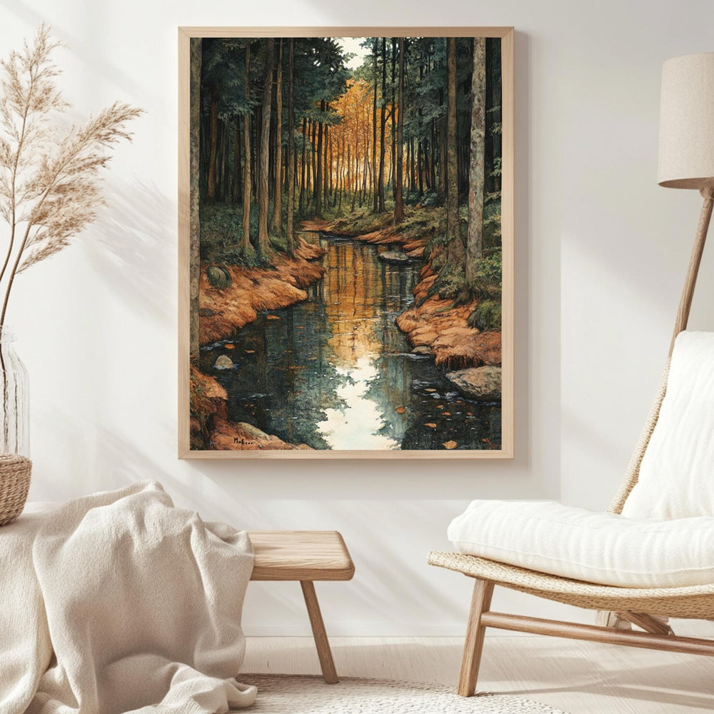 Golden Forest Creek Framed Canvas, Tranquil Nature Stream Wall Art, Moody Woodland Landscape Print, Rustic Autumn Home Decor