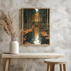 Golden Forest Creek Framed Canvas, Tranquil Nature Stream Wall Art, Moody Woodland Landscape Print, Rustic Autumn Home Decor