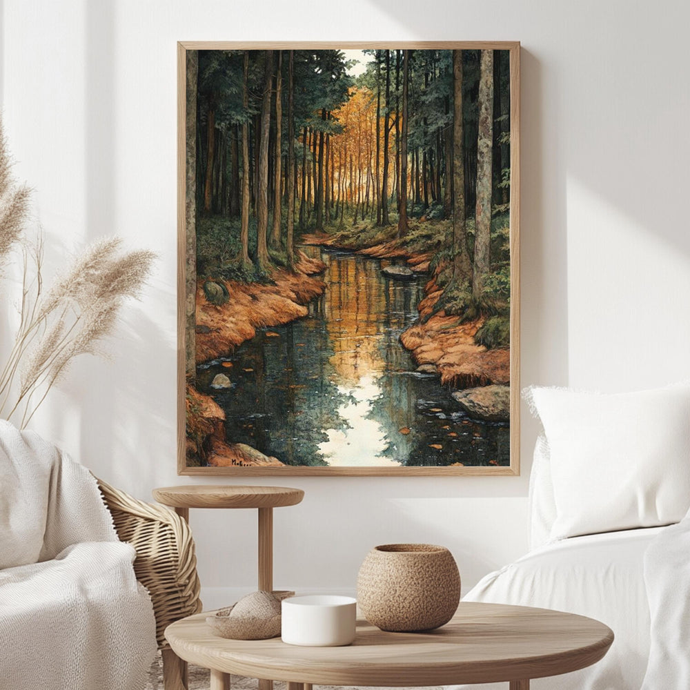 Golden Forest Creek Framed Canvas, Tranquil Nature Stream Wall Art, Moody Woodland Landscape Print, Rustic Autumn Home Decor