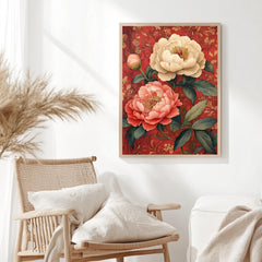 Vintage Peony Framed Canvas, Red Botanical Flower Wall Art, Romantic Garden Floral Print, Classic Cottagecore Home Decor