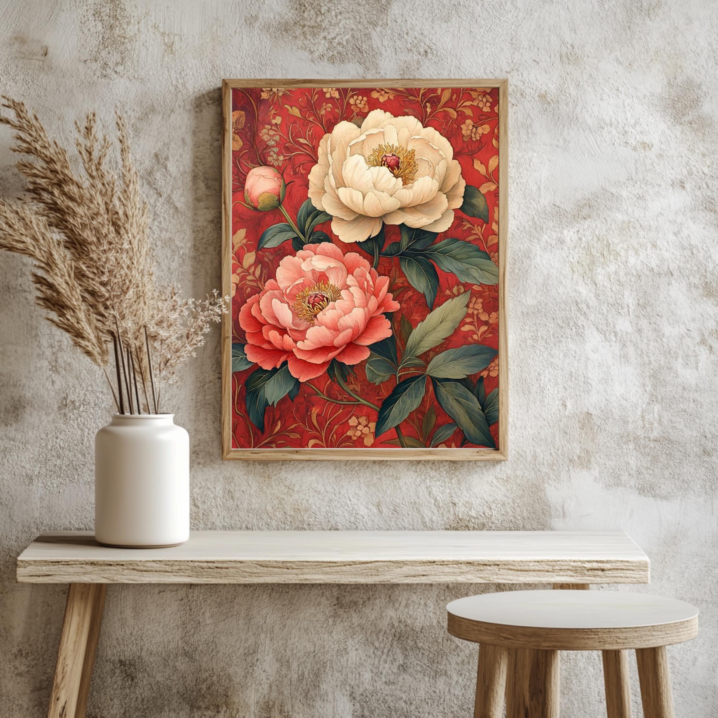 Vintage Peony Framed Canvas, Red Botanical Flower Wall Art, Romantic Garden Floral Print, Classic Cottagecore Home Decor