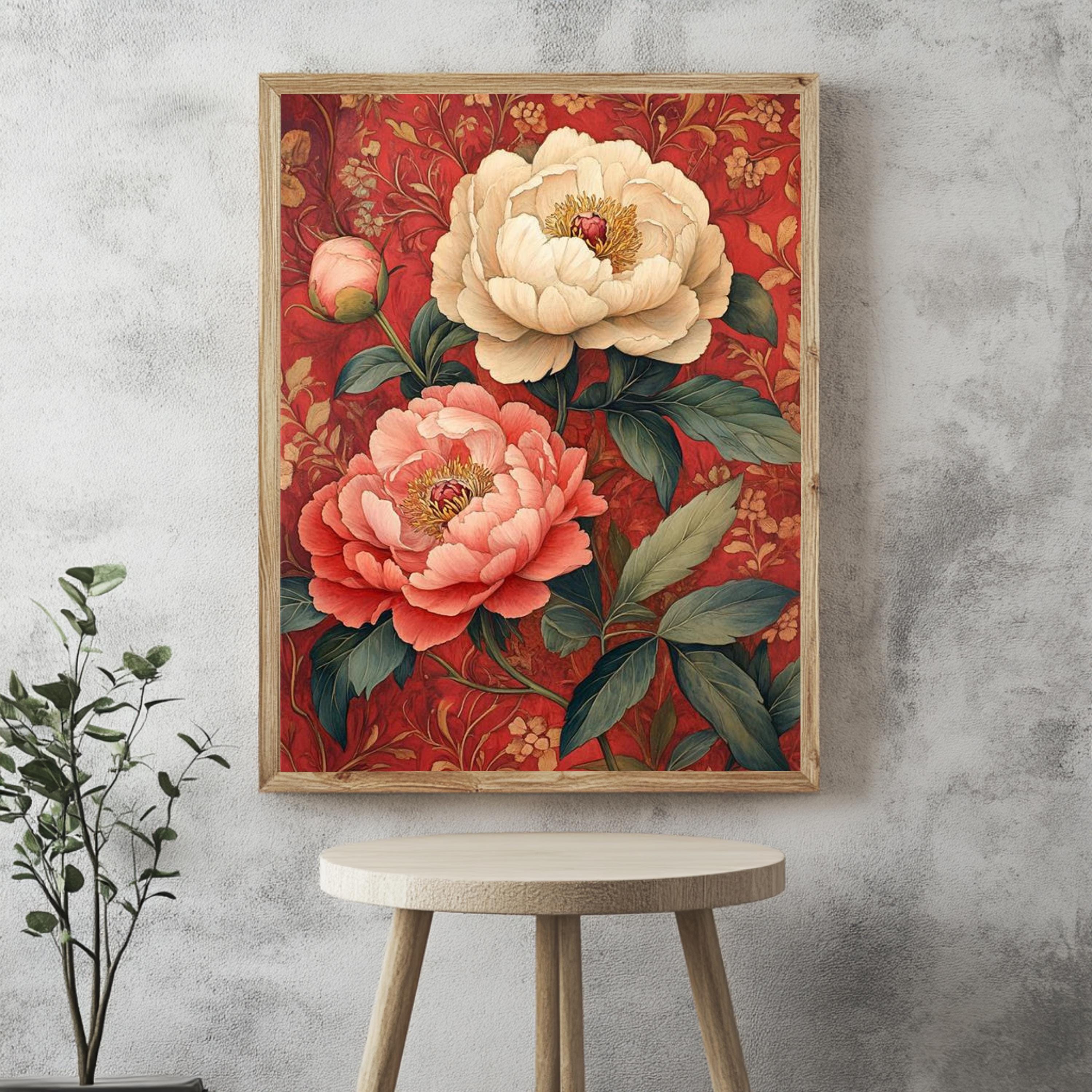 Vintage Peony Framed Canvas, Red Botanical Flower Wall Art, Romantic Garden Floral Print, Classic Cottagecore Home Decor